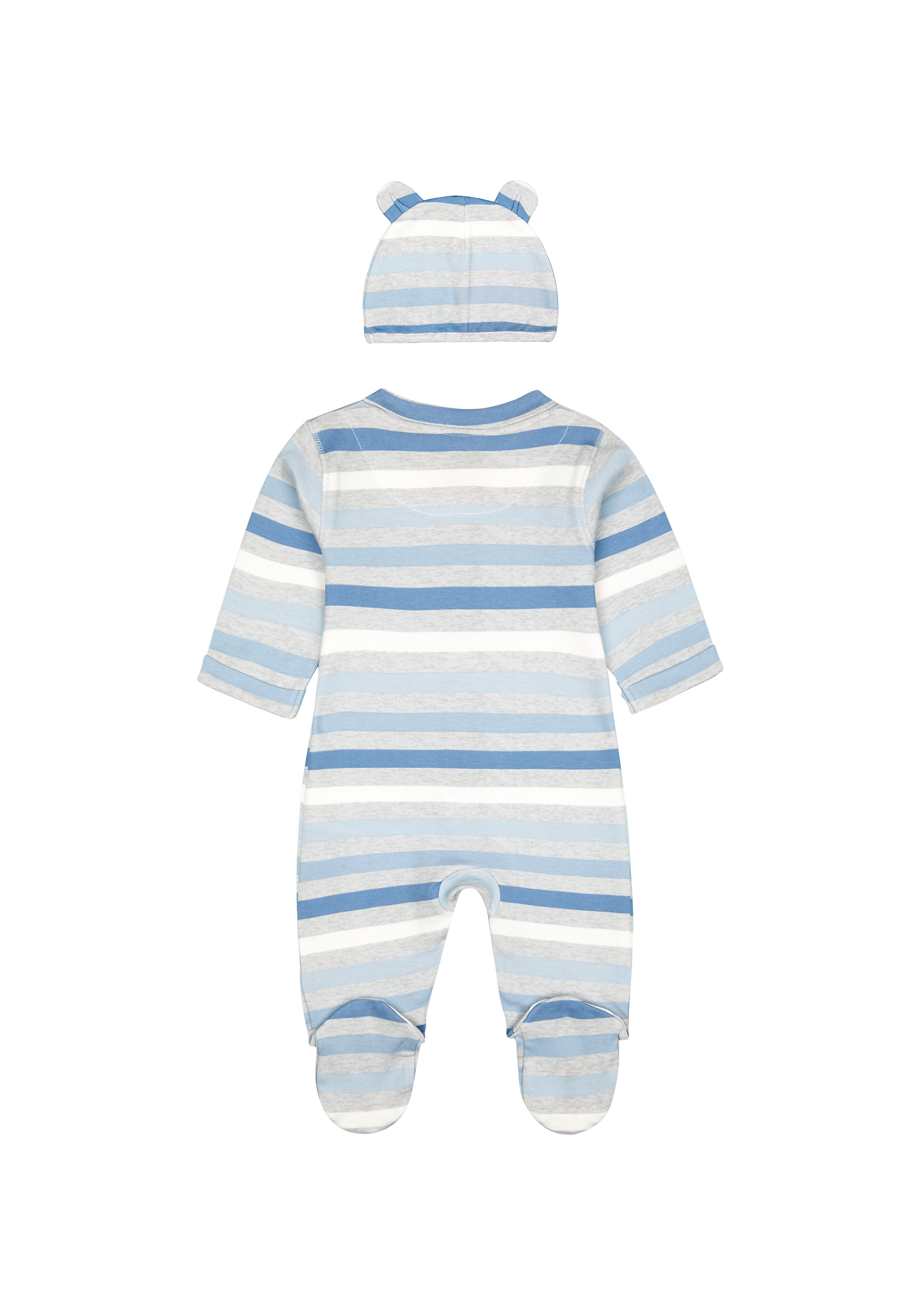 Mothercare | Boys Full Sleeves Romper With Hat Striped And 3D Ear Detail - Blue 1