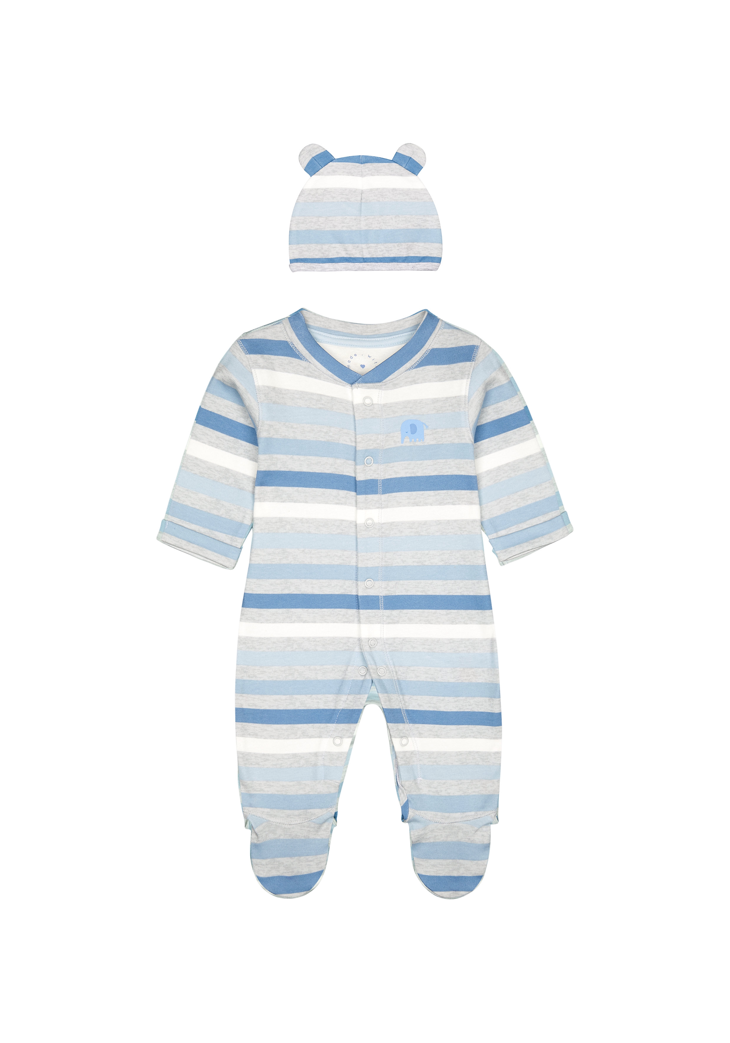 Mothercare | Boys Full Sleeves Romper With Hat Striped And 3D Ear Detail - Blue 0