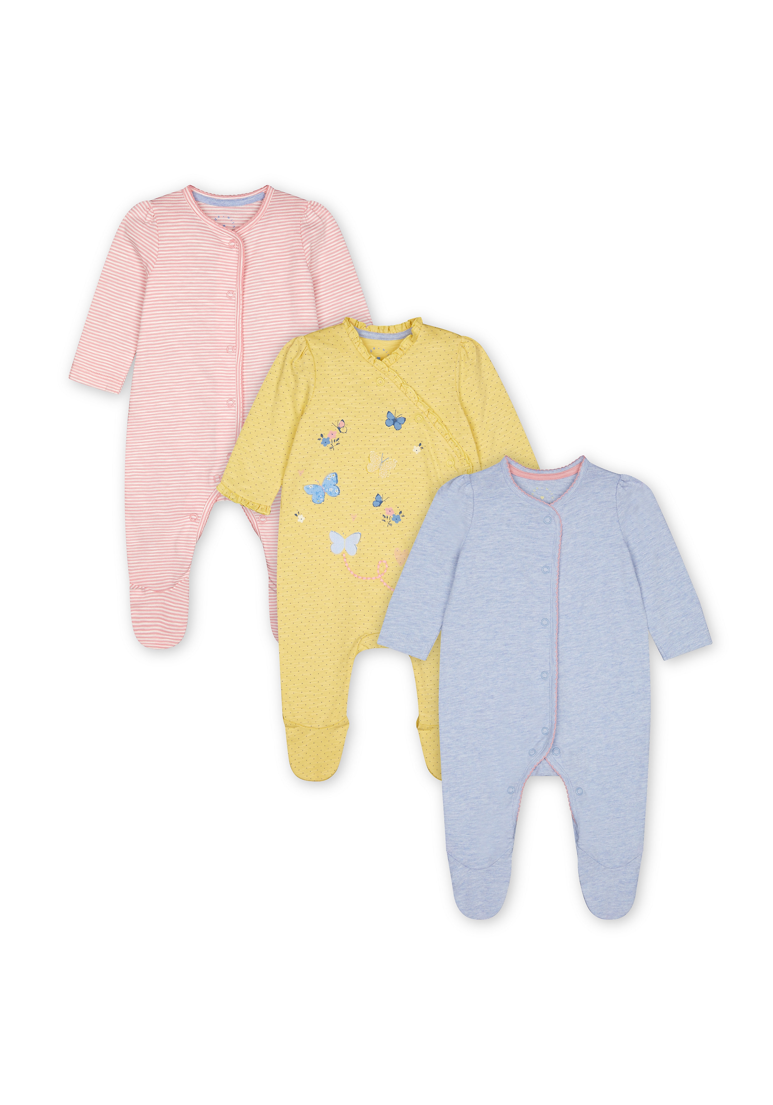 Mothercare | Girls Full Sleeves Sleepsuit 3D Butterfly Detail - Pack Of 3 - Multicolor 0