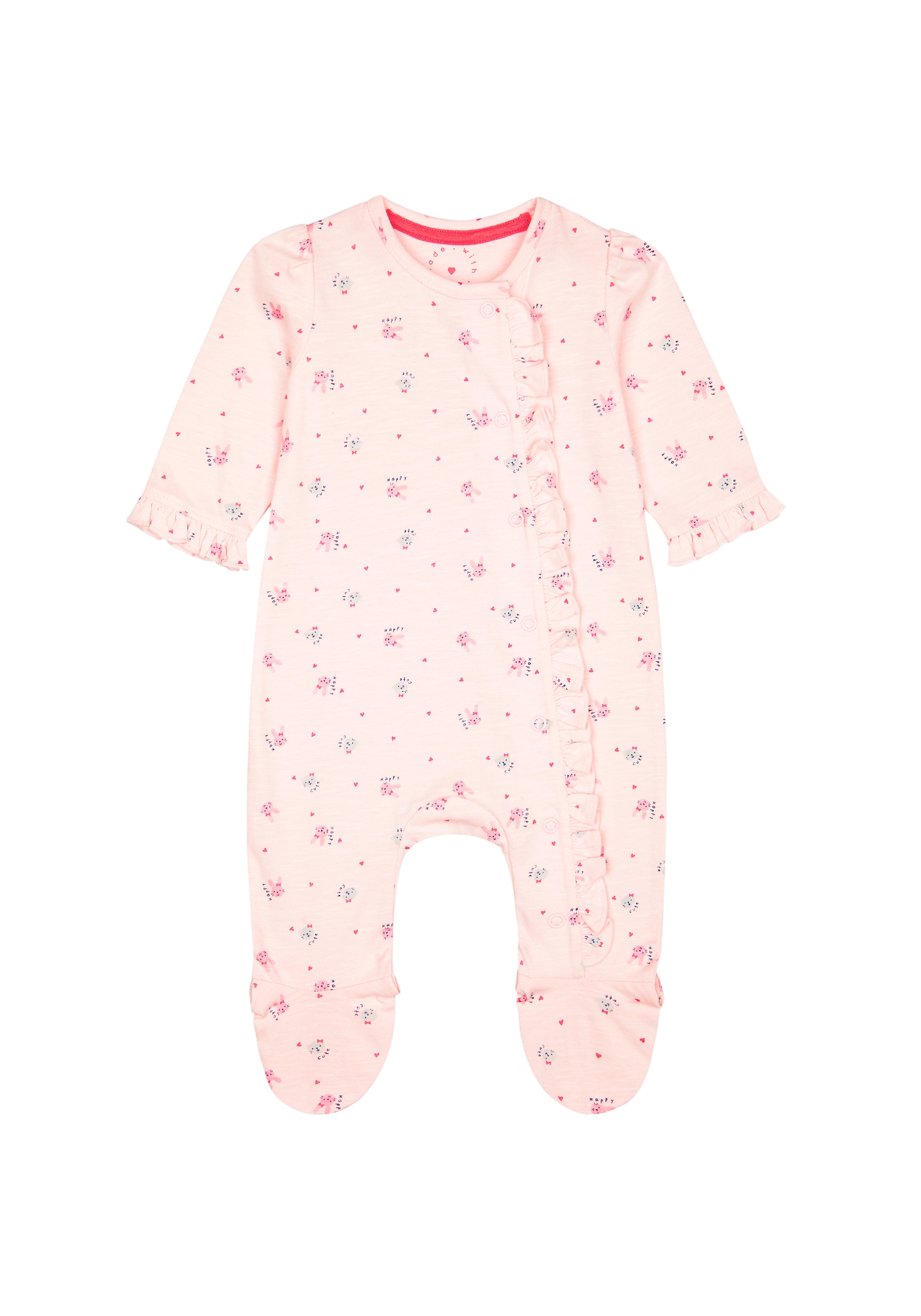 Mothercare | Girls Full Sleeves Romper Cat Print And Frill Detail - Pink 0