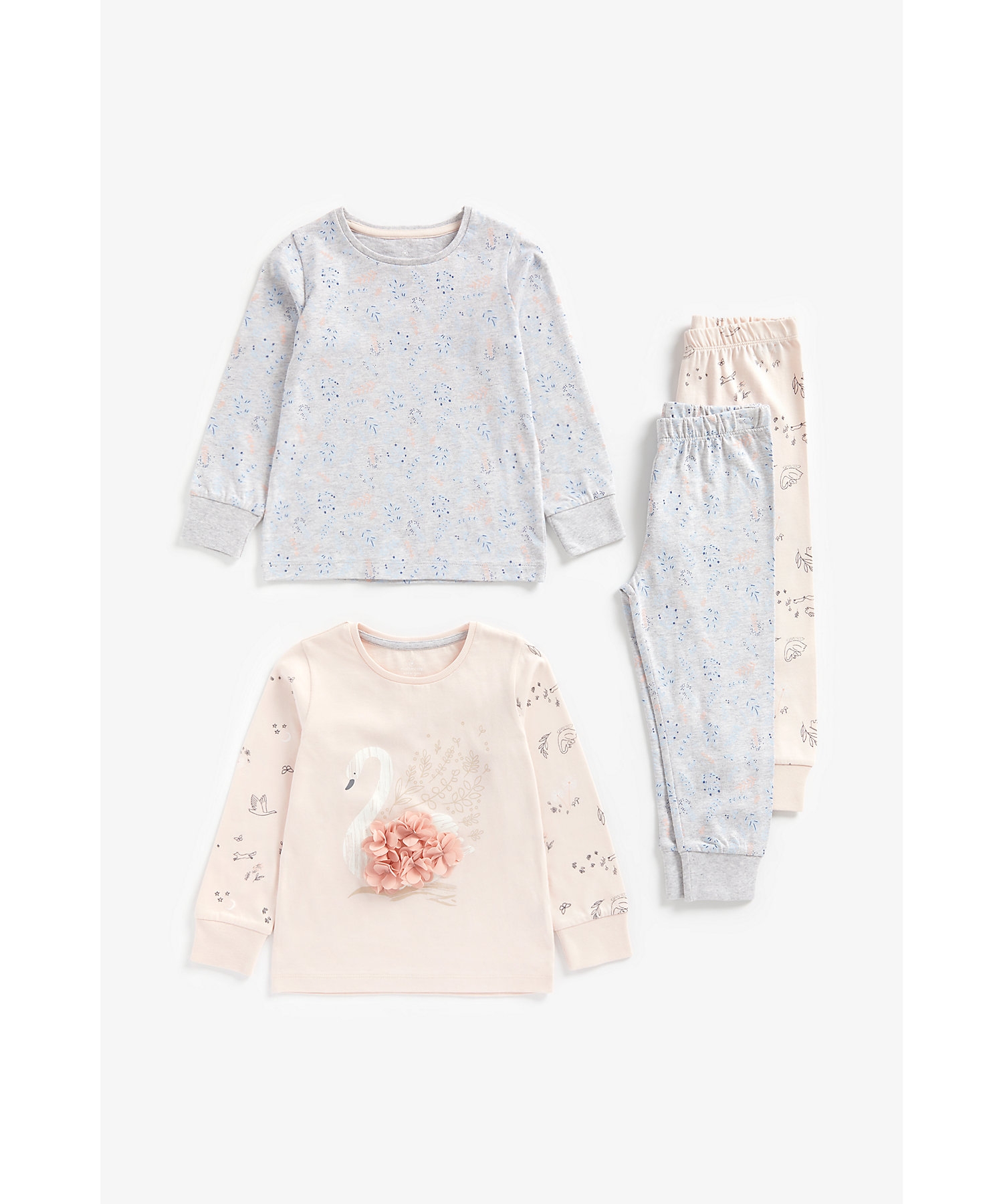 Mothercare | Girls Full Sleeves Swan Pyjama Set 3D Flower Detail - Pack Of 2 - Multicolor 0
