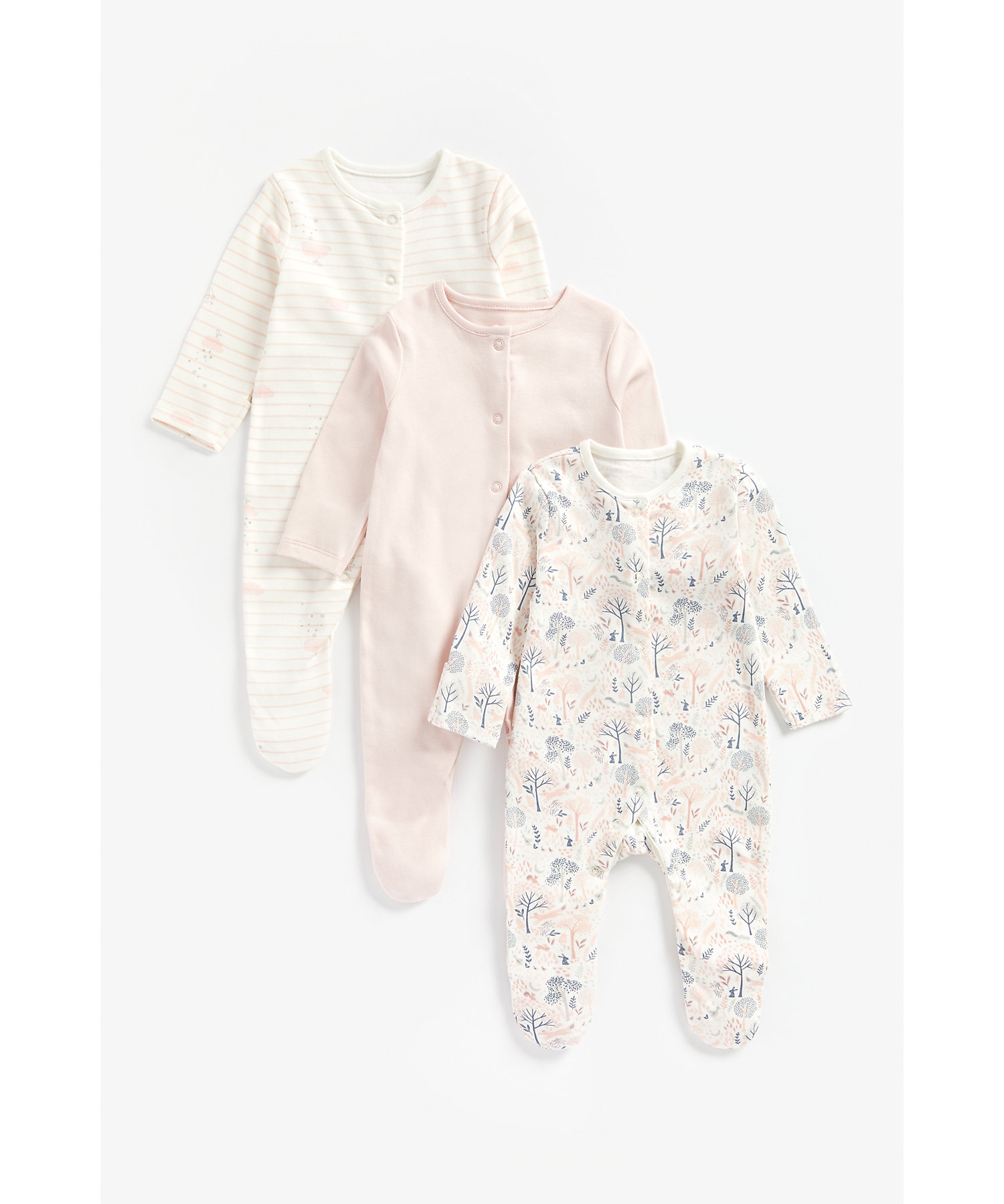 Mothercare | Girls Full Sleeves Sleepsuit Striped And Printed - Pack Of 3 - Pink 0