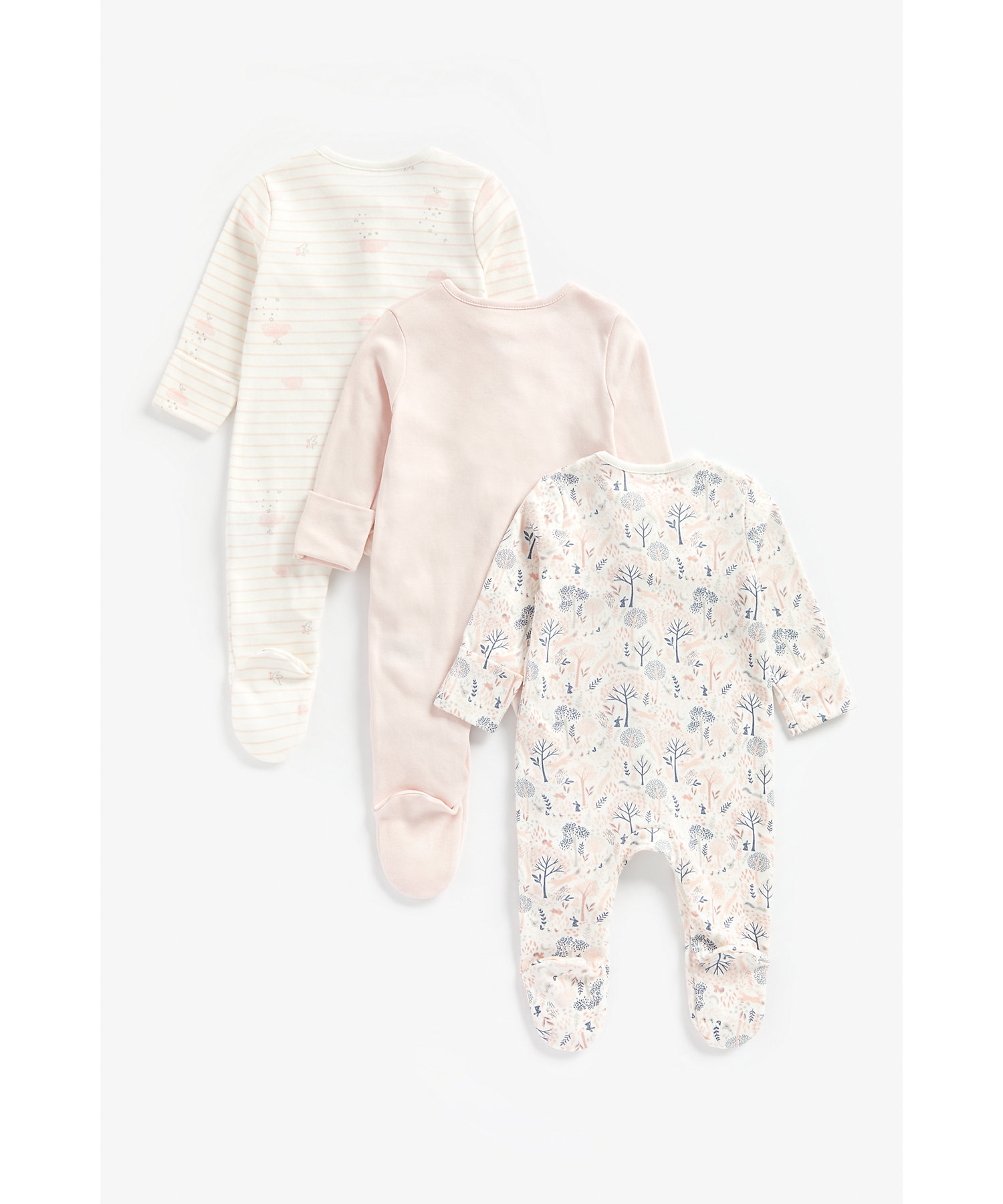 Mothercare | Girls Full Sleeves Sleepsuit Striped And Printed - Pack Of 3 - Pink 1