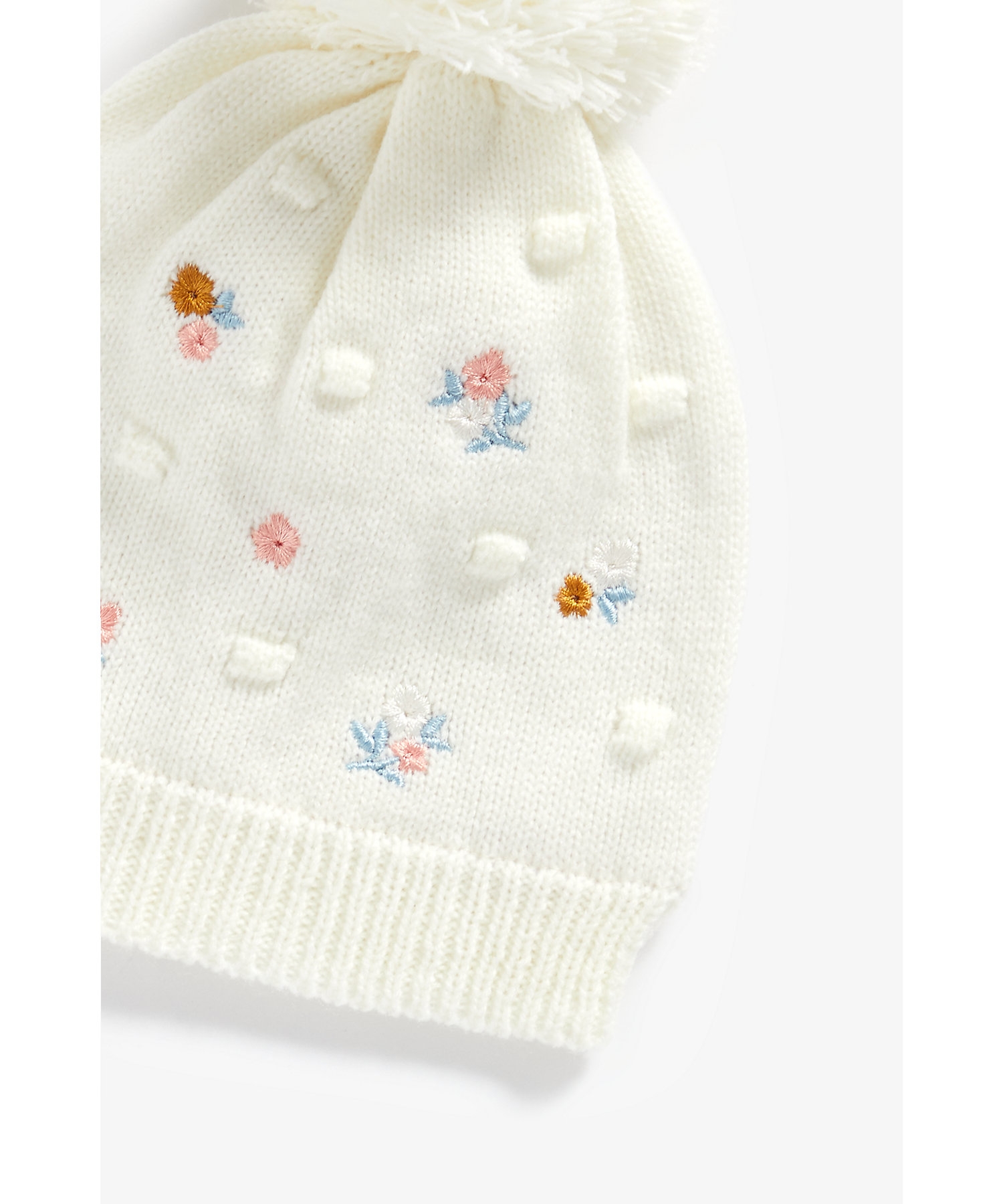 Mothercare | Girls Pom Pom Beanie Floral Embroidery - Cream 1