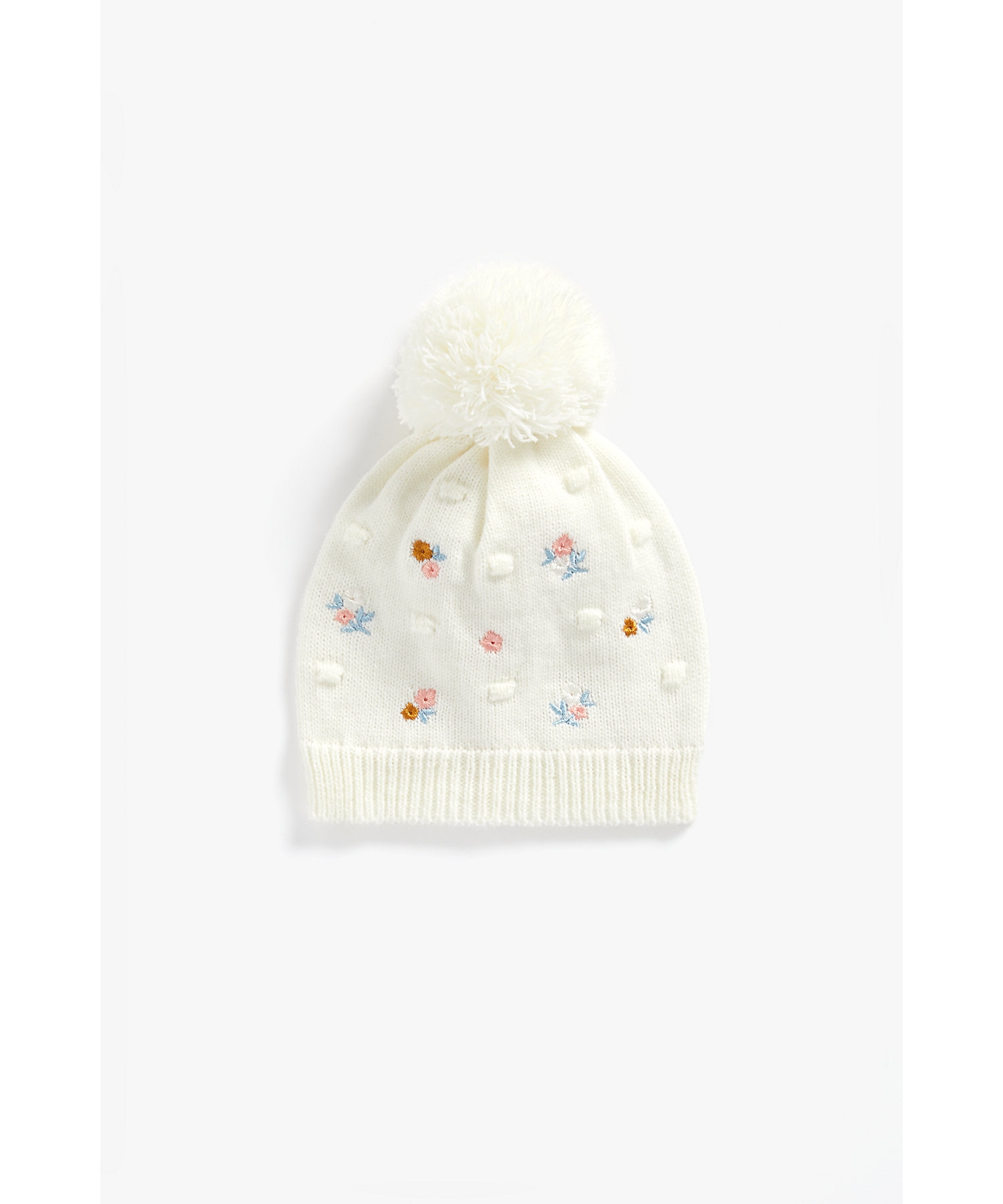 Mothercare | Girls Pom Pom Beanie Floral Embroidery - Cream 0
