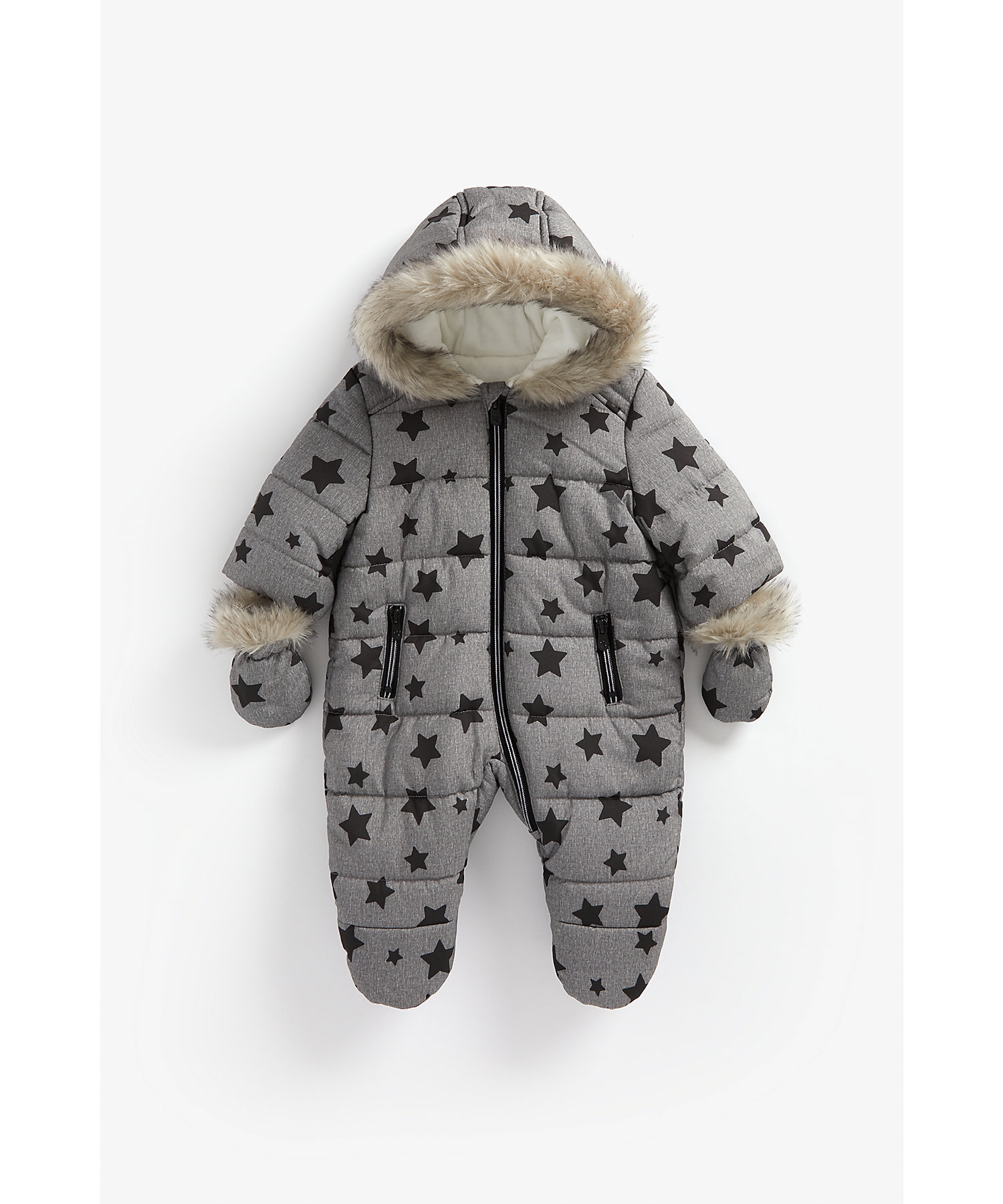 Mothercare | Boys Full Sleeves Snowsuit With Velour Lining Star Print - Grey 0