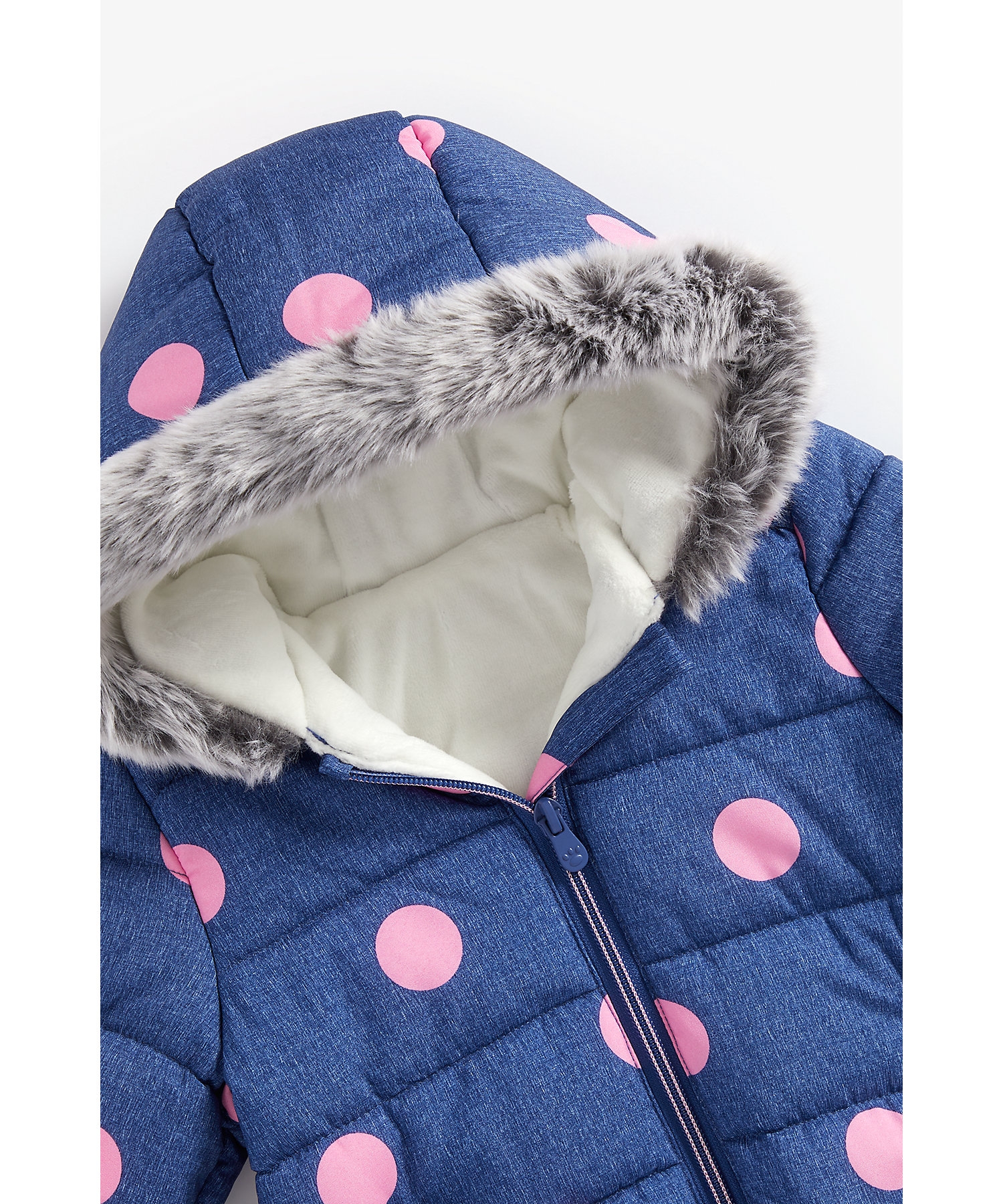 Mothercare | Girls Full Sleeves Velour Lined Snowsuit Polka Dot Print - Navy 2
