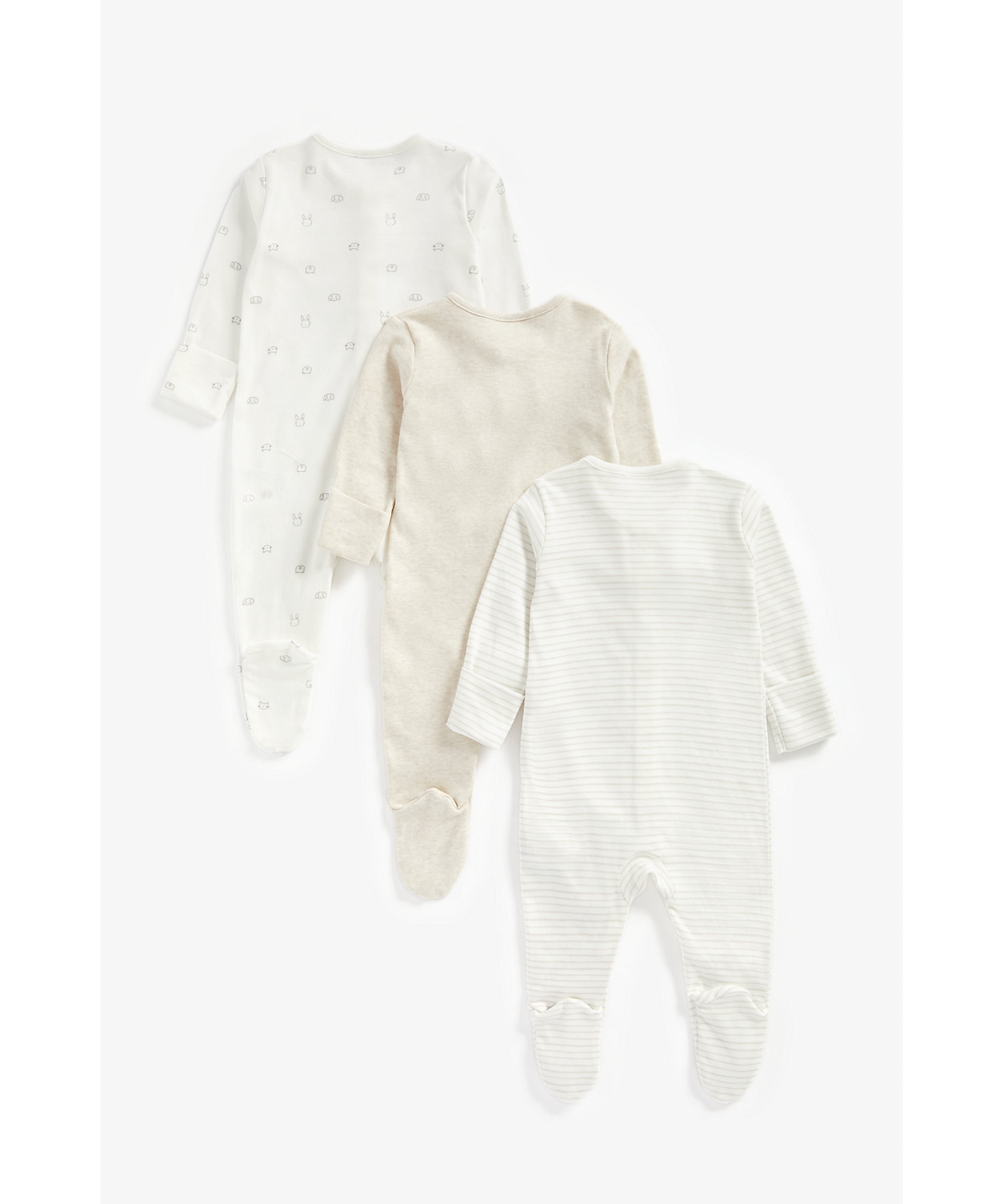 Mothercare | Unisex Full Sleeves Sleepsuit Bunny Print - Pack Of 3 - Beige 1