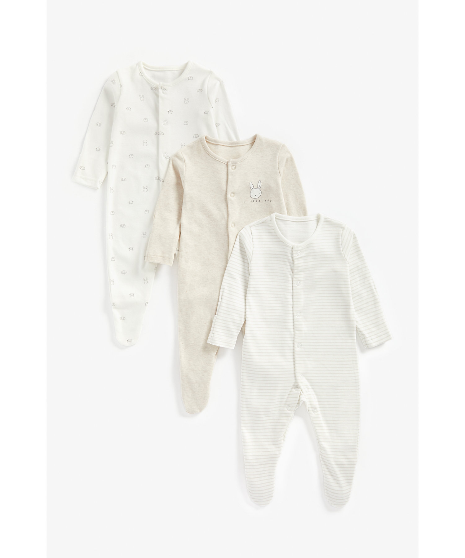 Mothercare | Unisex Full Sleeves Sleepsuit Bunny Print - Pack Of 3 - Beige 0