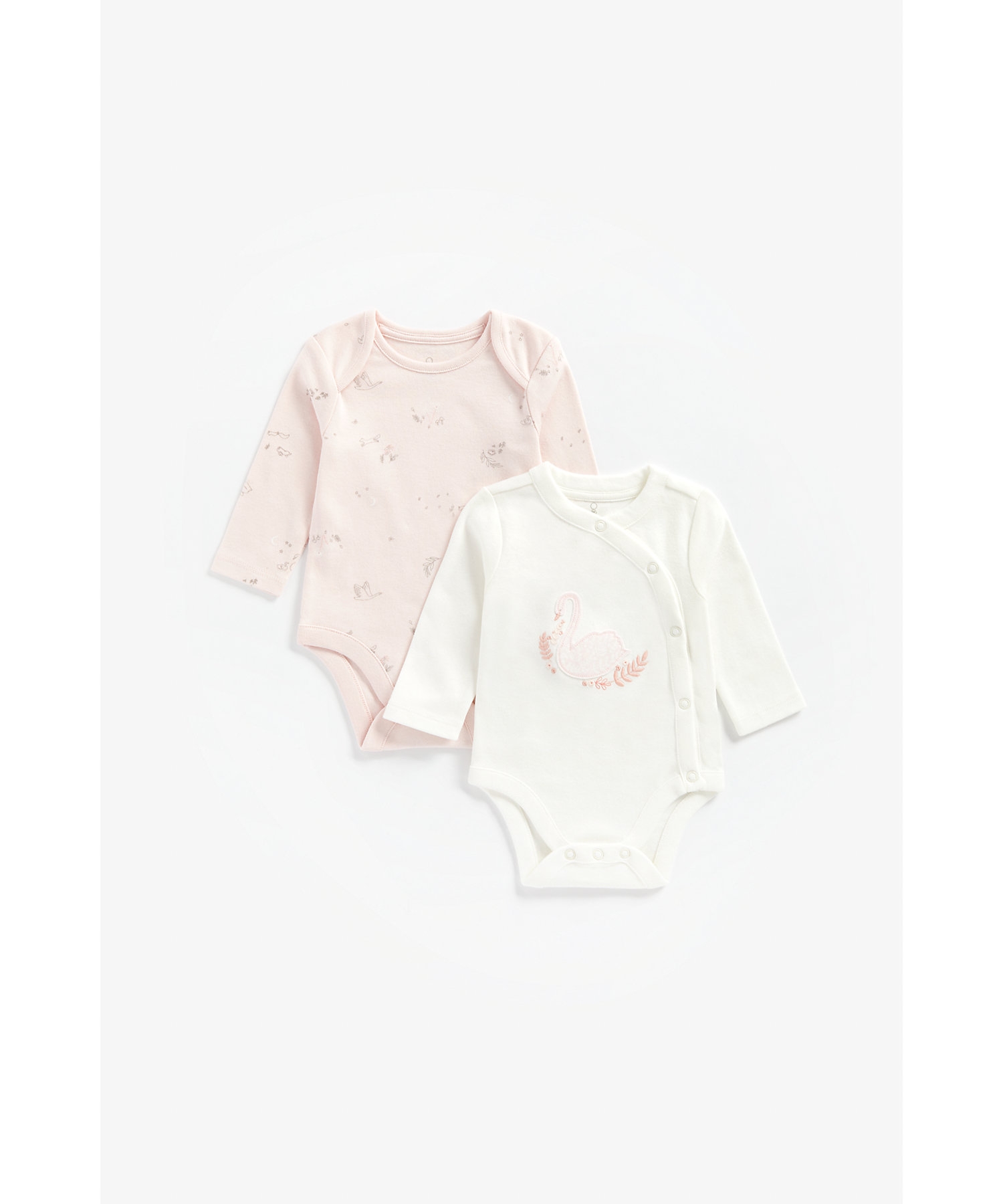 Mothercare | Girls Full Sleeves Bodysuit Swan Patchwork And Embroidery - Pack Of 2 - Pink 0