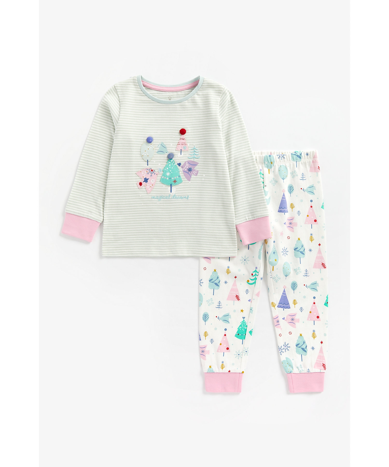 Mothercare | Girls Full Sleeves Pyjama Set Patchwork And Pom Pom Detail - Grey 0