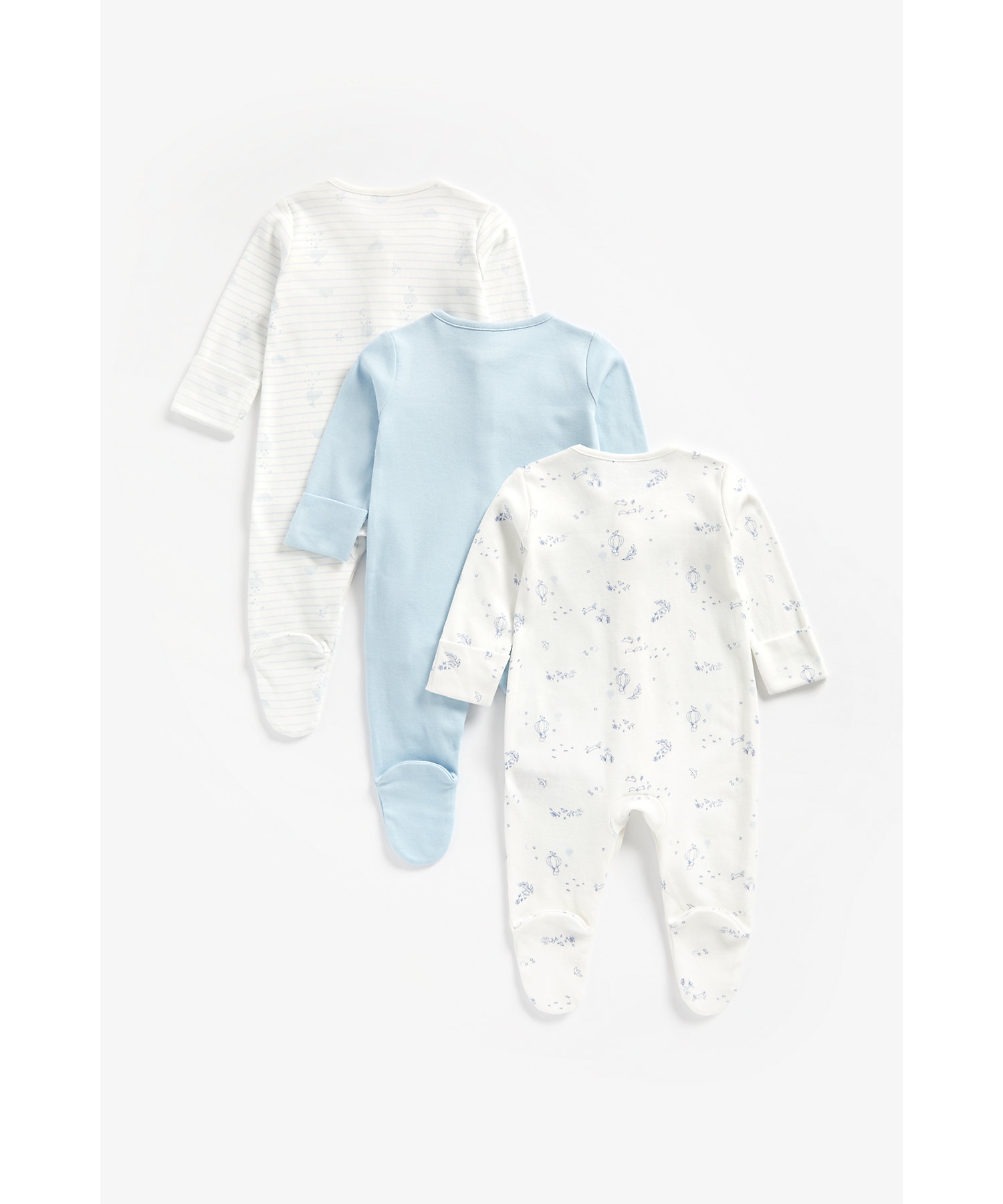 Mothercare | Boys Full Sleeves Sleepsuit Striped And Printed - Pack Of 3 - Blue 1