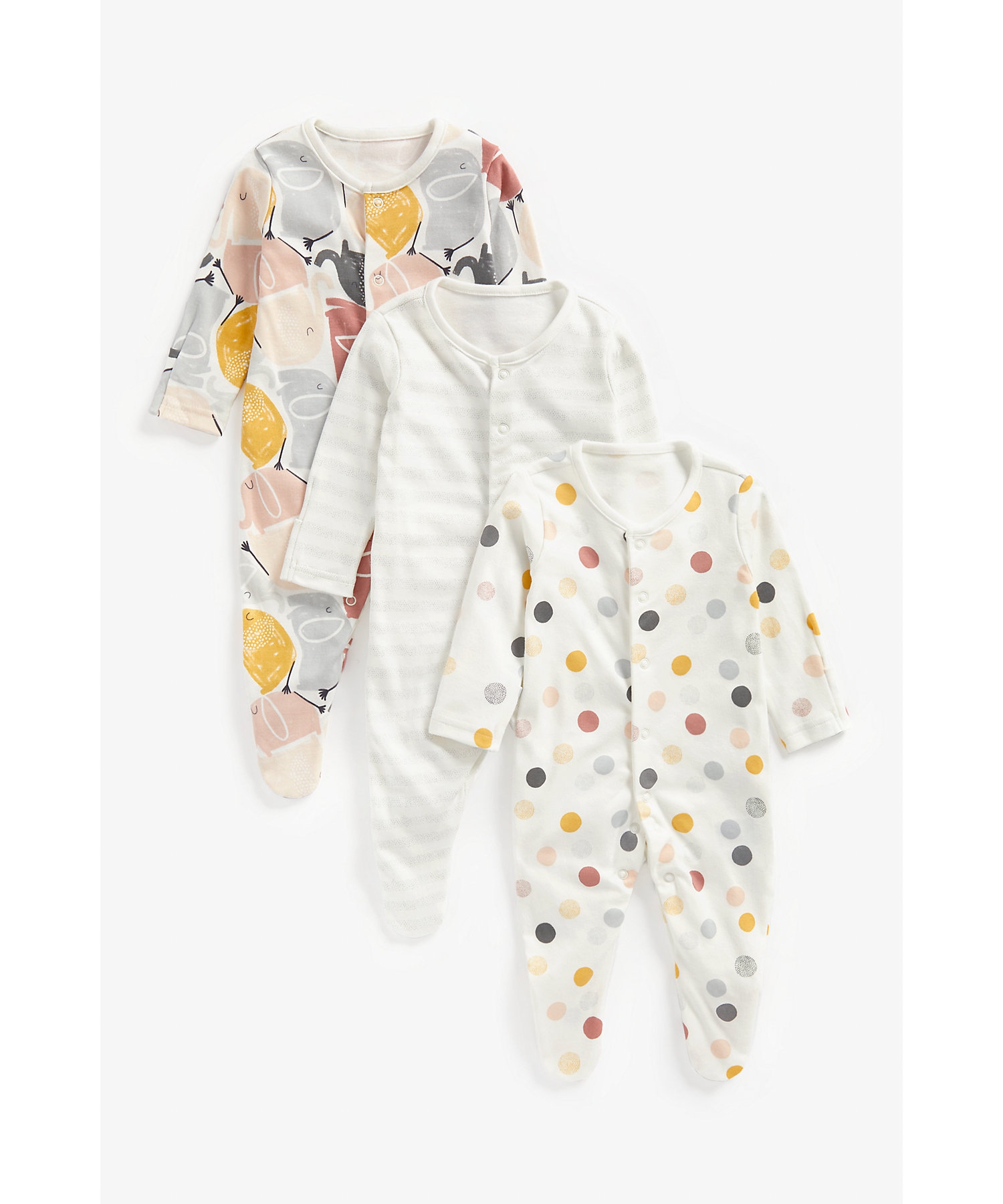 Mothercare | Unisex Full Sleeves Sleepsuits -Pack of 3-Multicolor 0