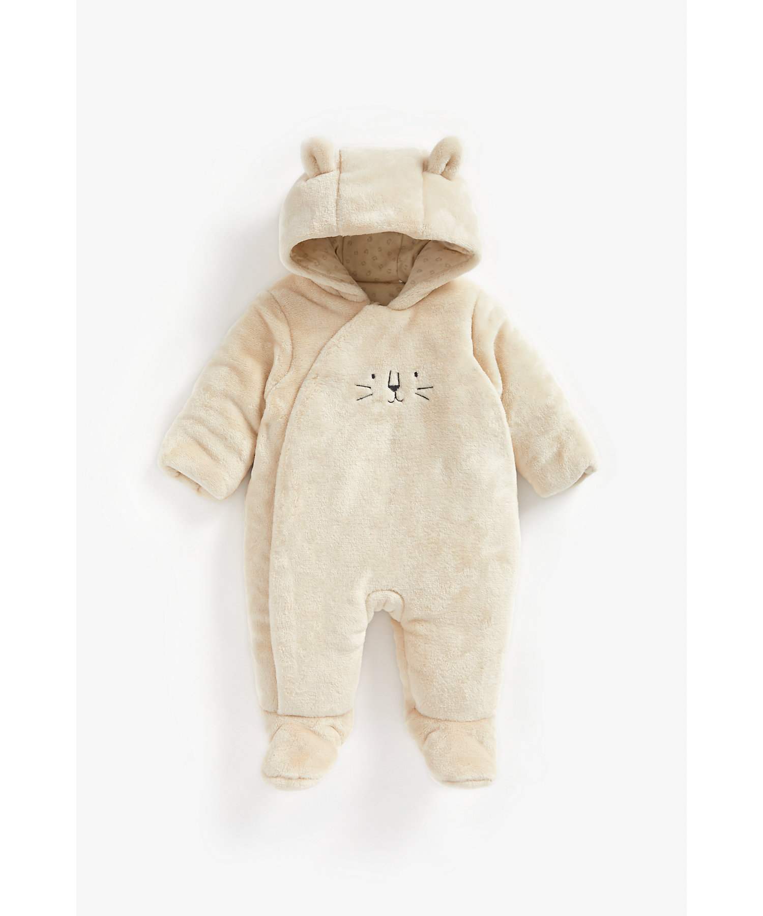 Unisex Full Sleeves Fluffy Snowsuit Embroidered And 3D Ear Details - Beige