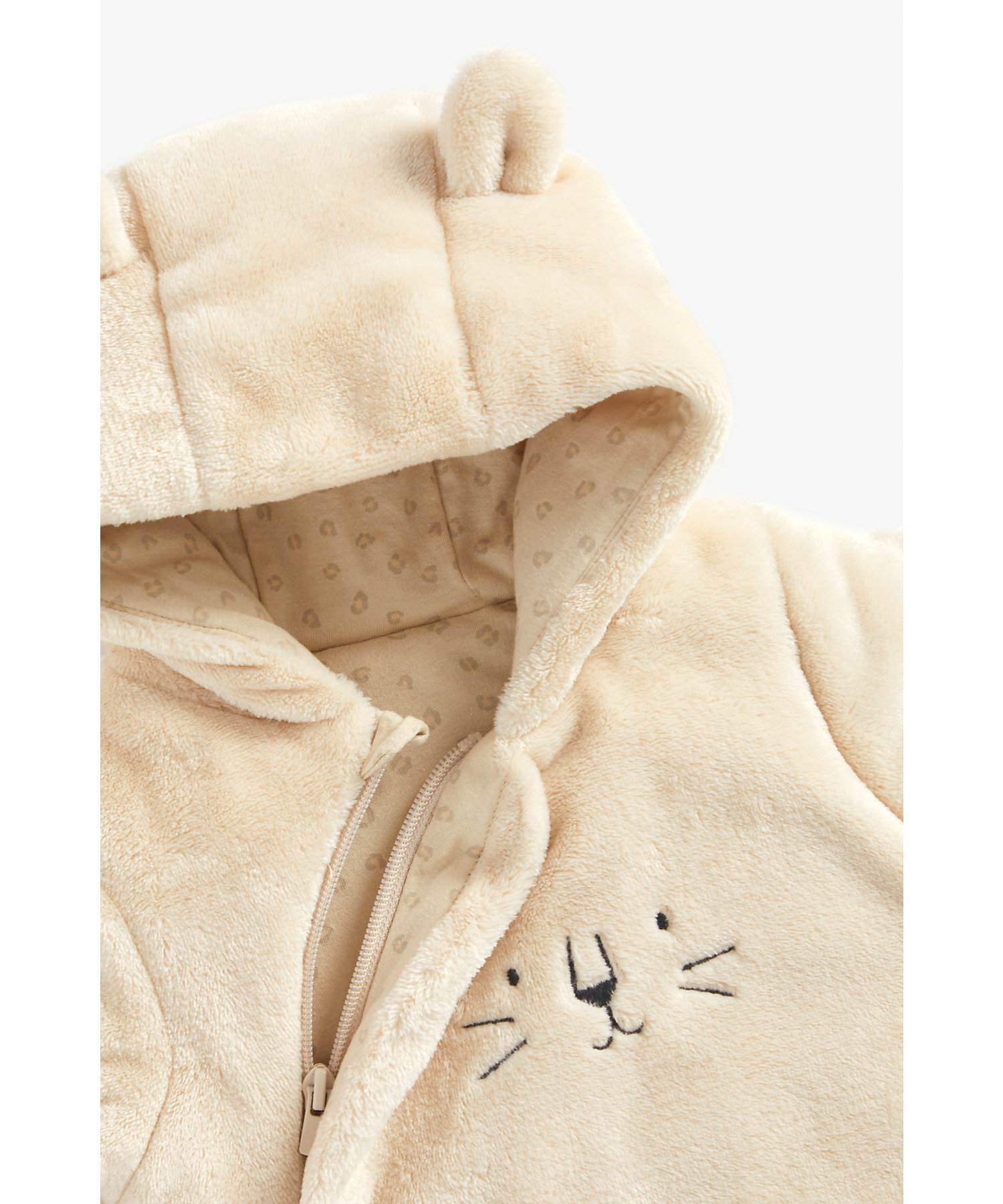 Unisex Full Sleeves Fluffy Snowsuit Embroidered And 3D Ear Details - Beige