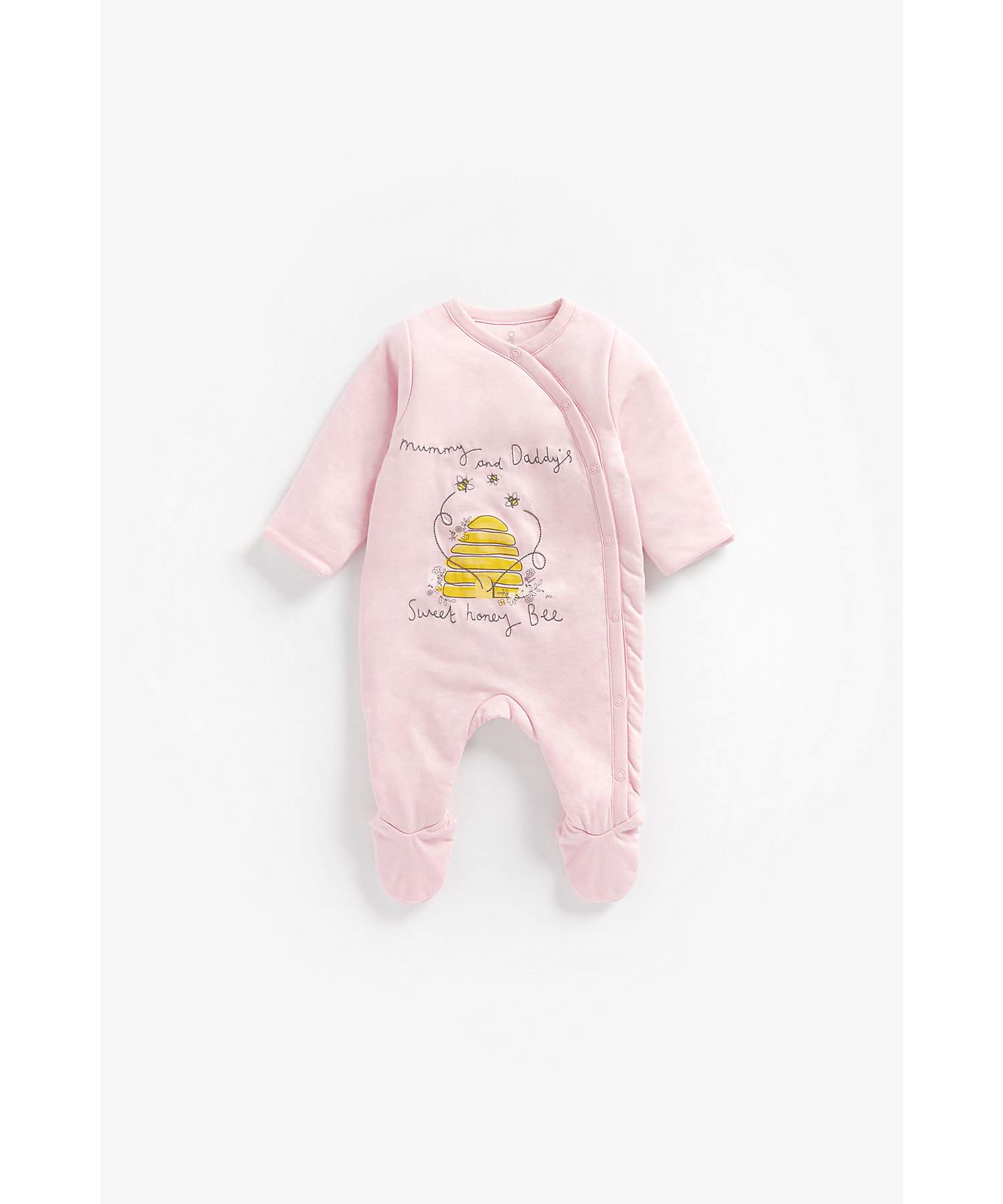 Girls Full Sleeves Wadded Sleepsuit Bee Embroidery - Pink