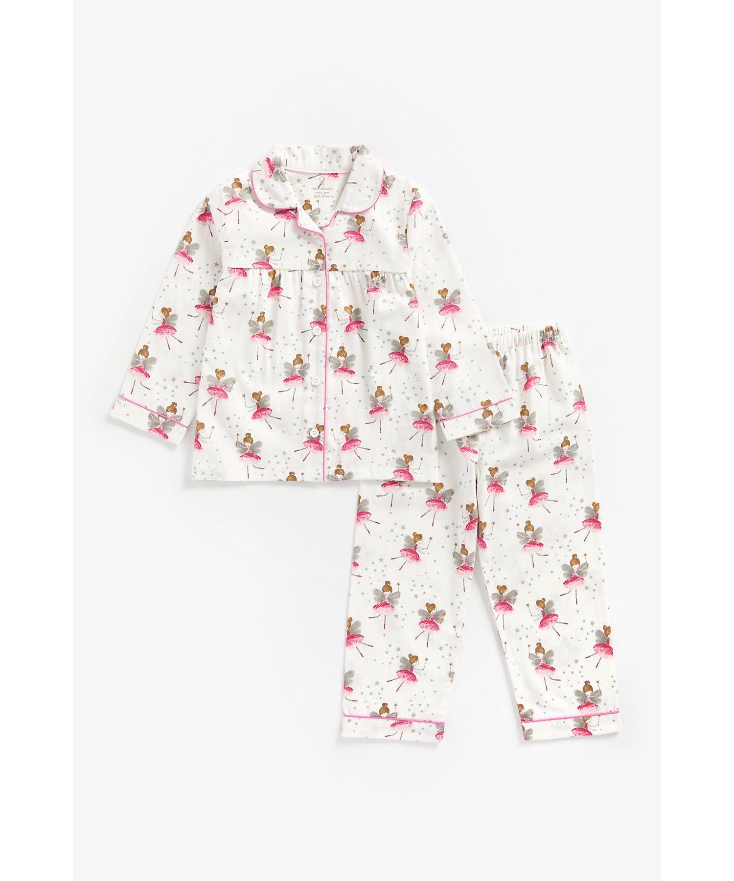 Girls Full Sleeves Woven Pyjama Set Fairy Print - White