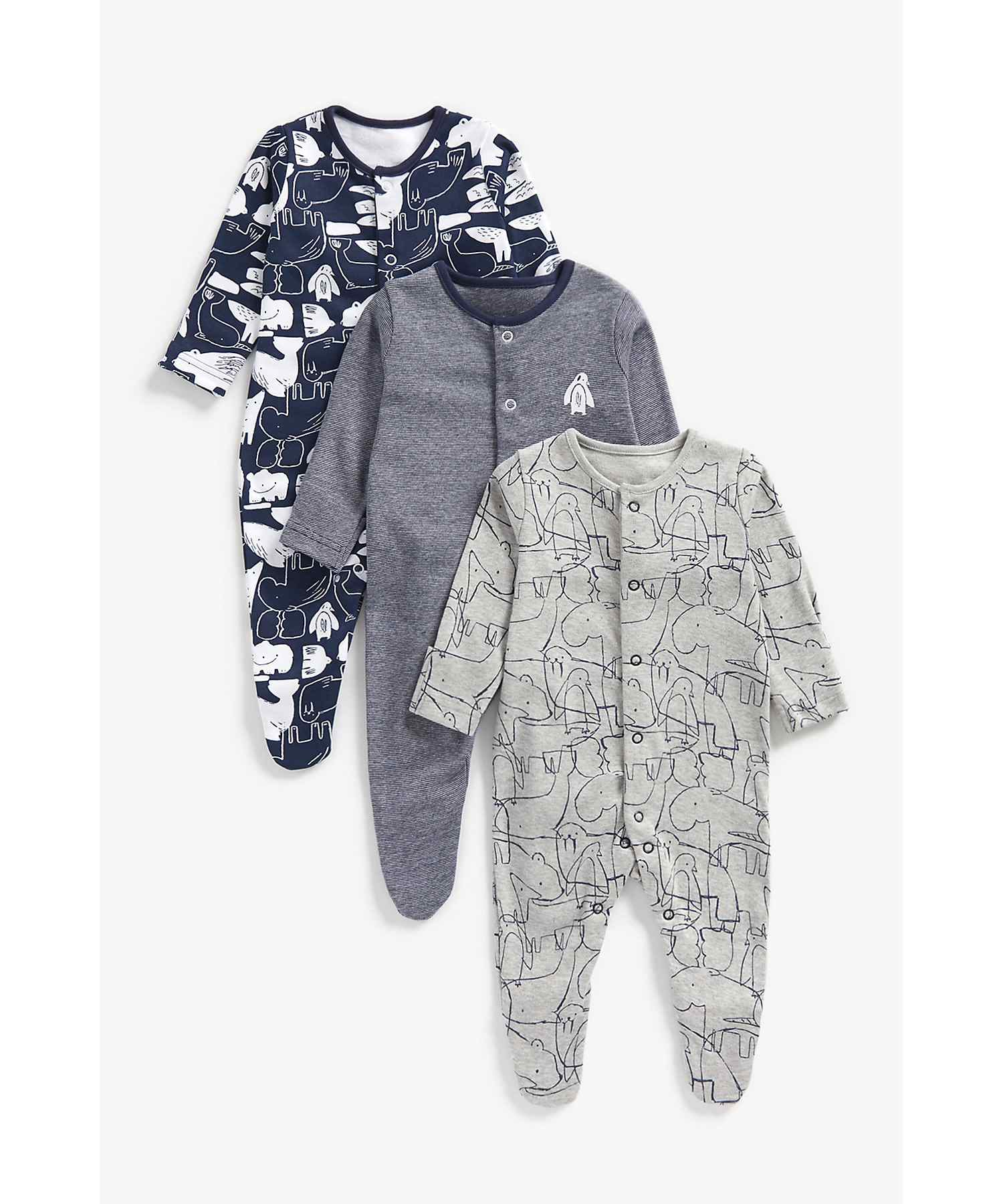 Boys Full Sleeves Sleepsuits -Pack of 3-Multicolor