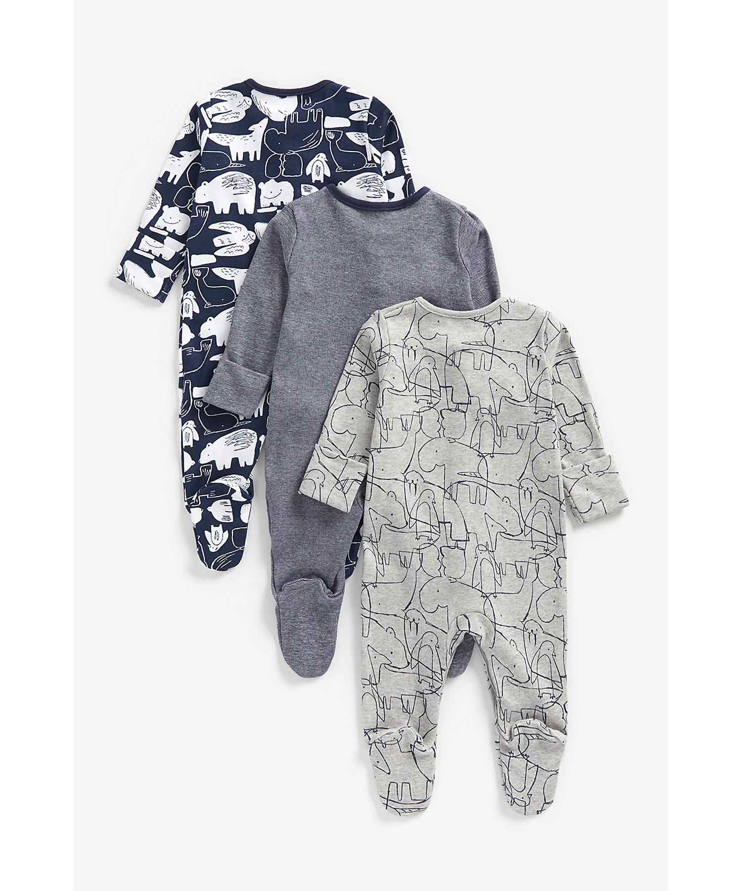 Boys Full Sleeves Sleepsuits -Pack of 3-Multicolor