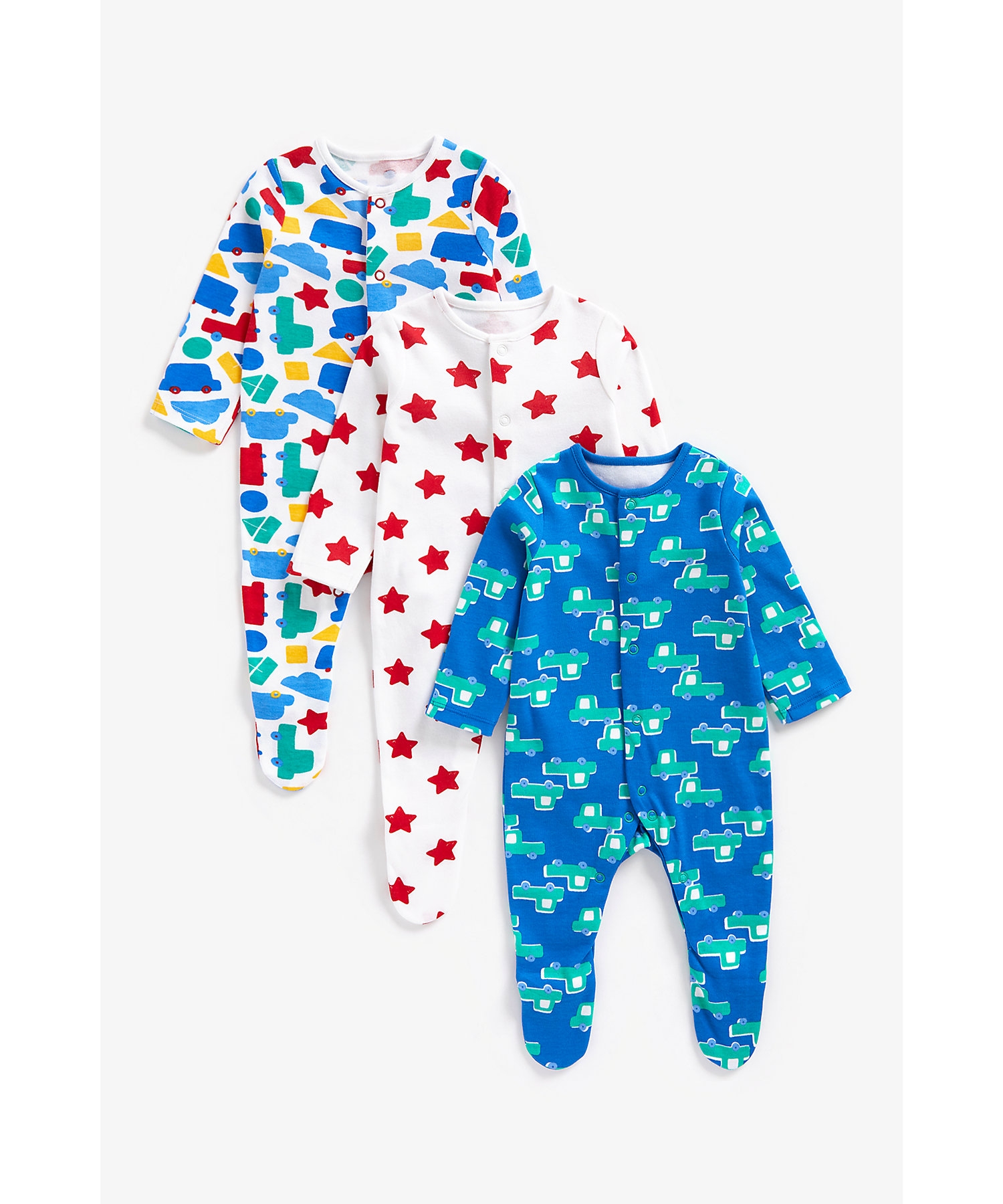 Mothercare | Boys Full Sleeves Sleepsuit All Over Printed-Pack of 3-Multicolor 0