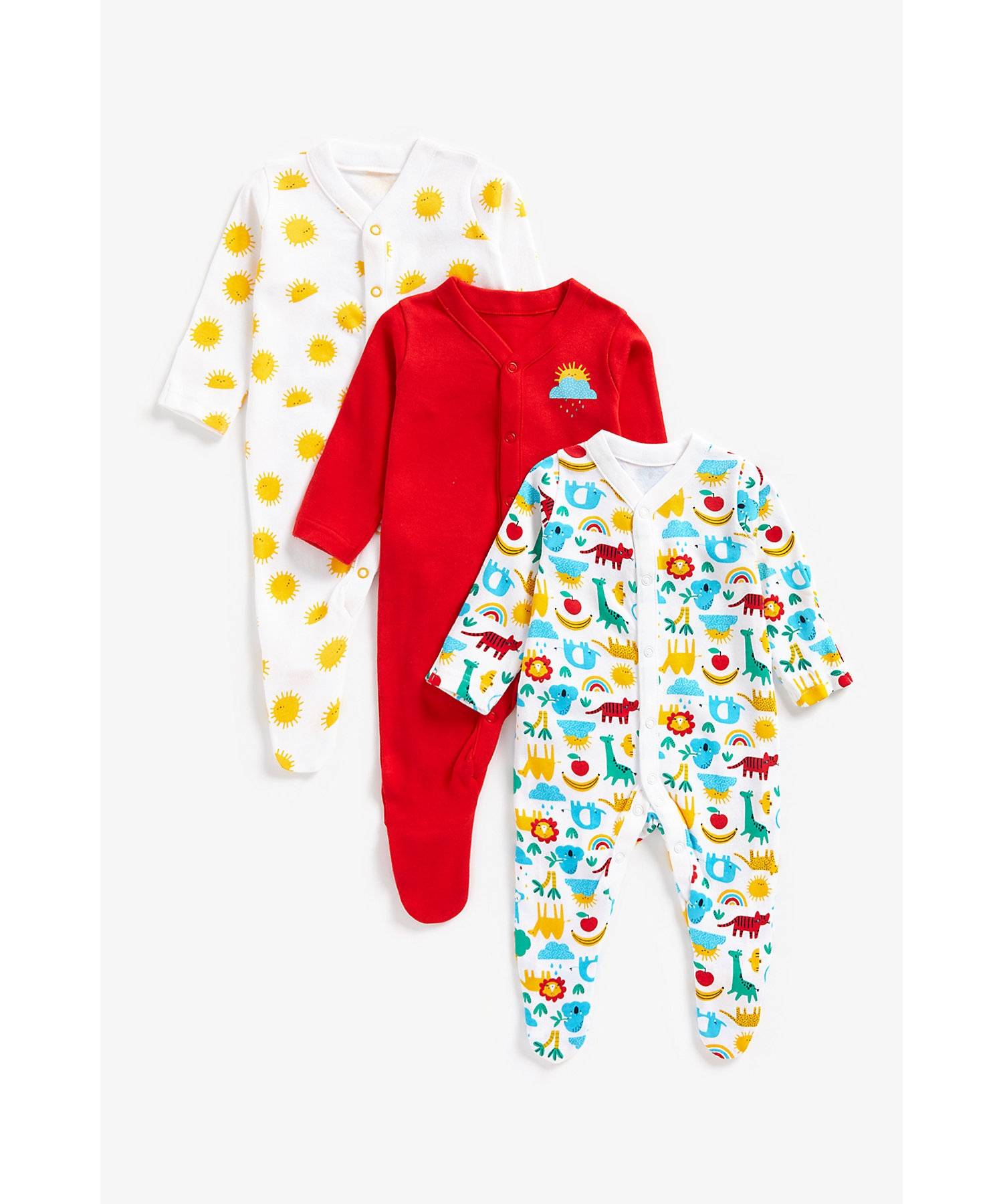 Mothercare | Unisex Full Sleeves Sleepsuits -Pack of 3-Multicolor 0