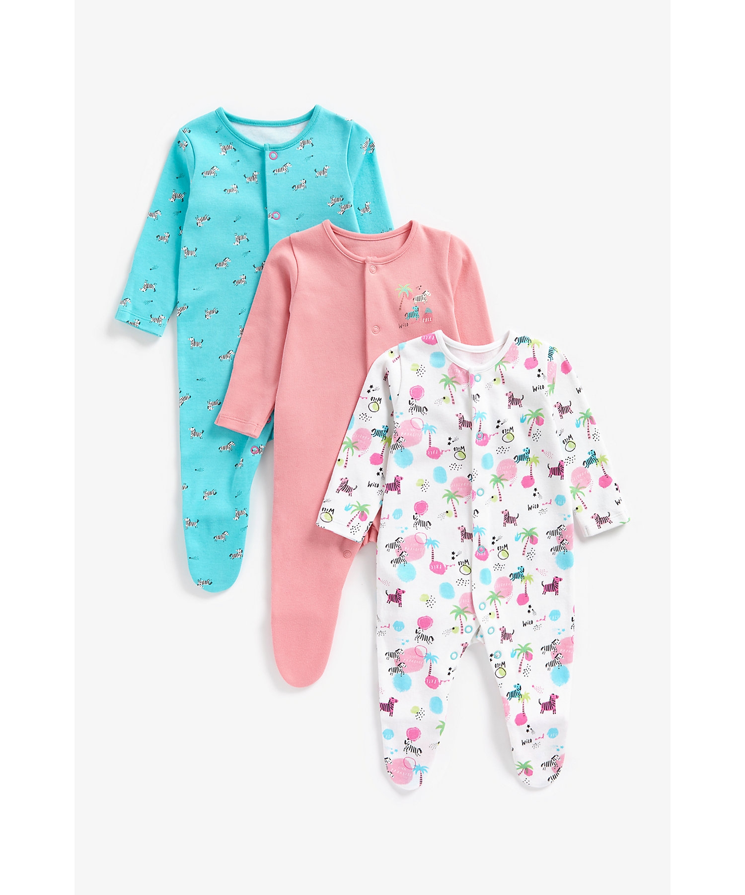Mothercare | Girls Full Sleeves Sleepsuits Zebra Printed-Pack of 3-Multi 0