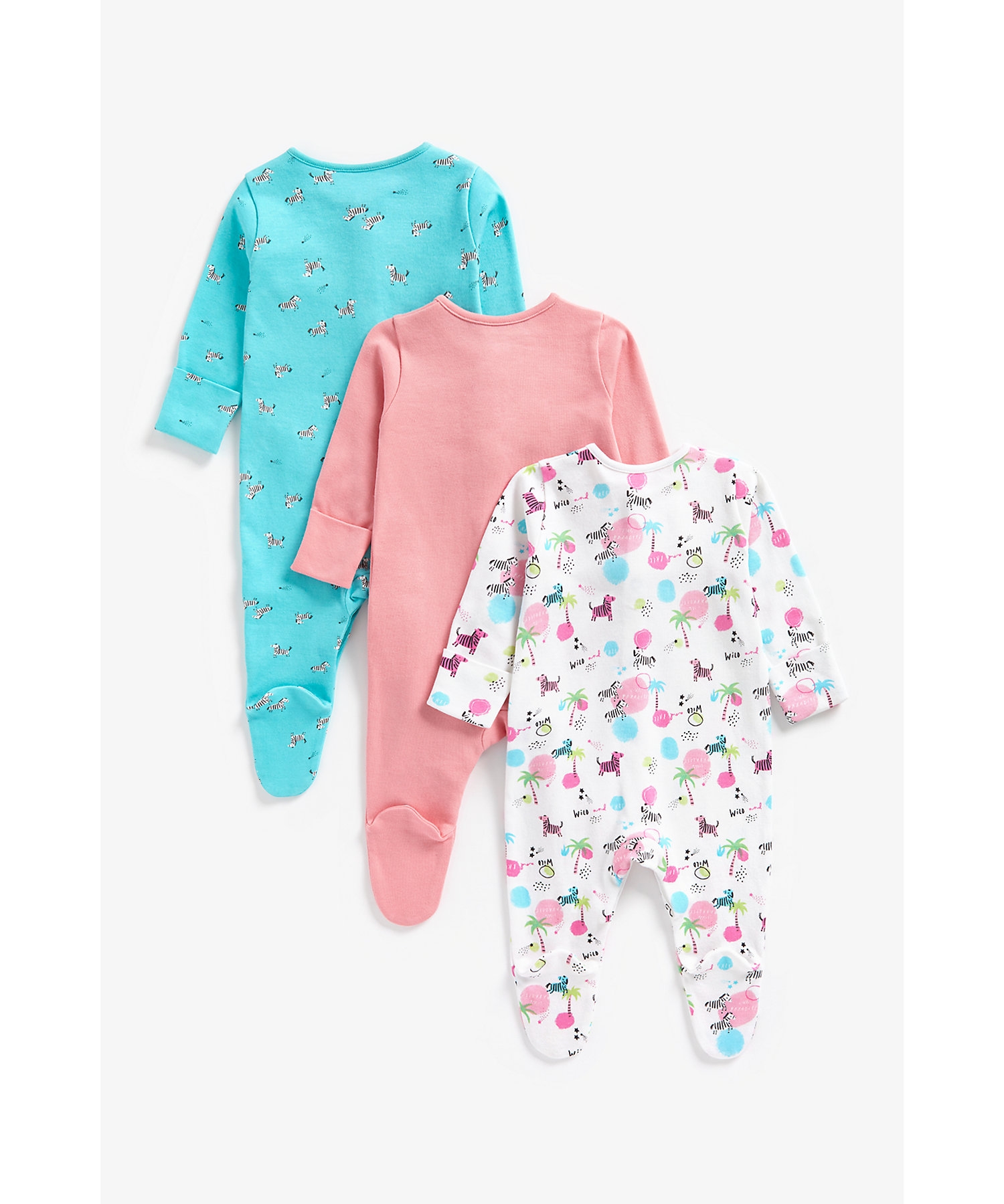Mothercare | Girls Full Sleeves Sleepsuits Zebra Printed-Pack of 3-Multi 1