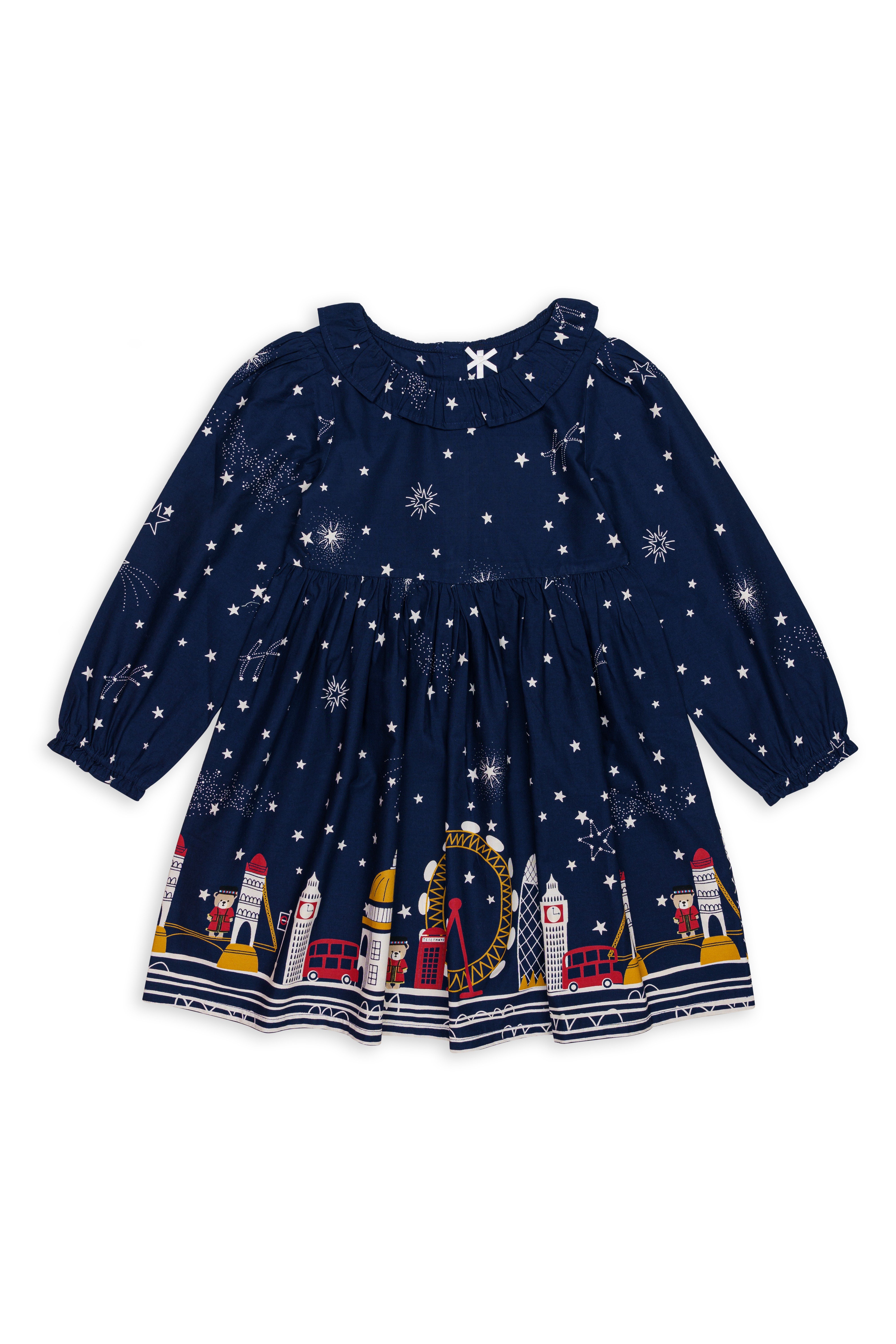 H by Hamleys Girls 100% Cotton Full Sleeves Dress - Navy