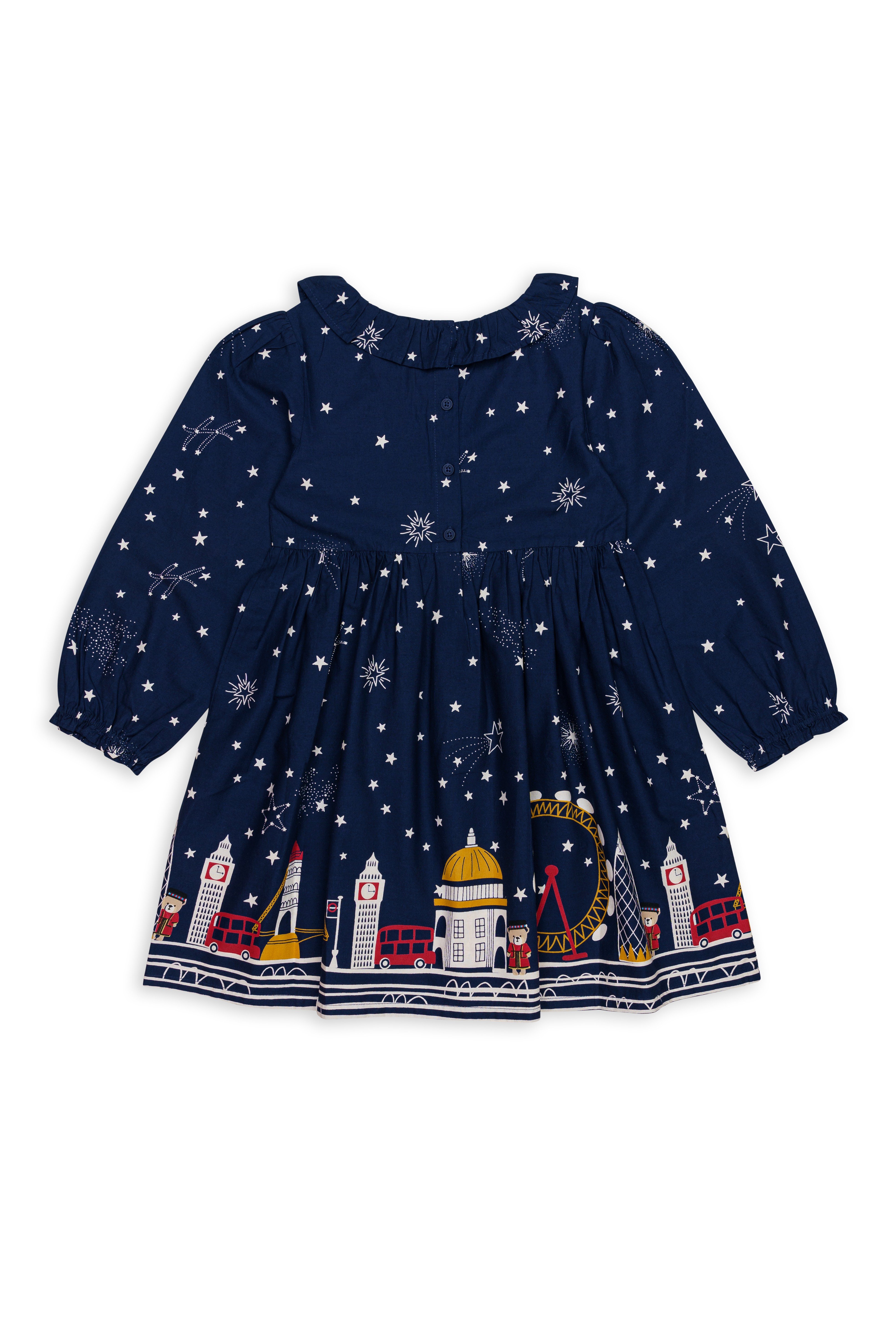 H by Hamleys Girls 100% Cotton Full Sleeves Dress - Navy