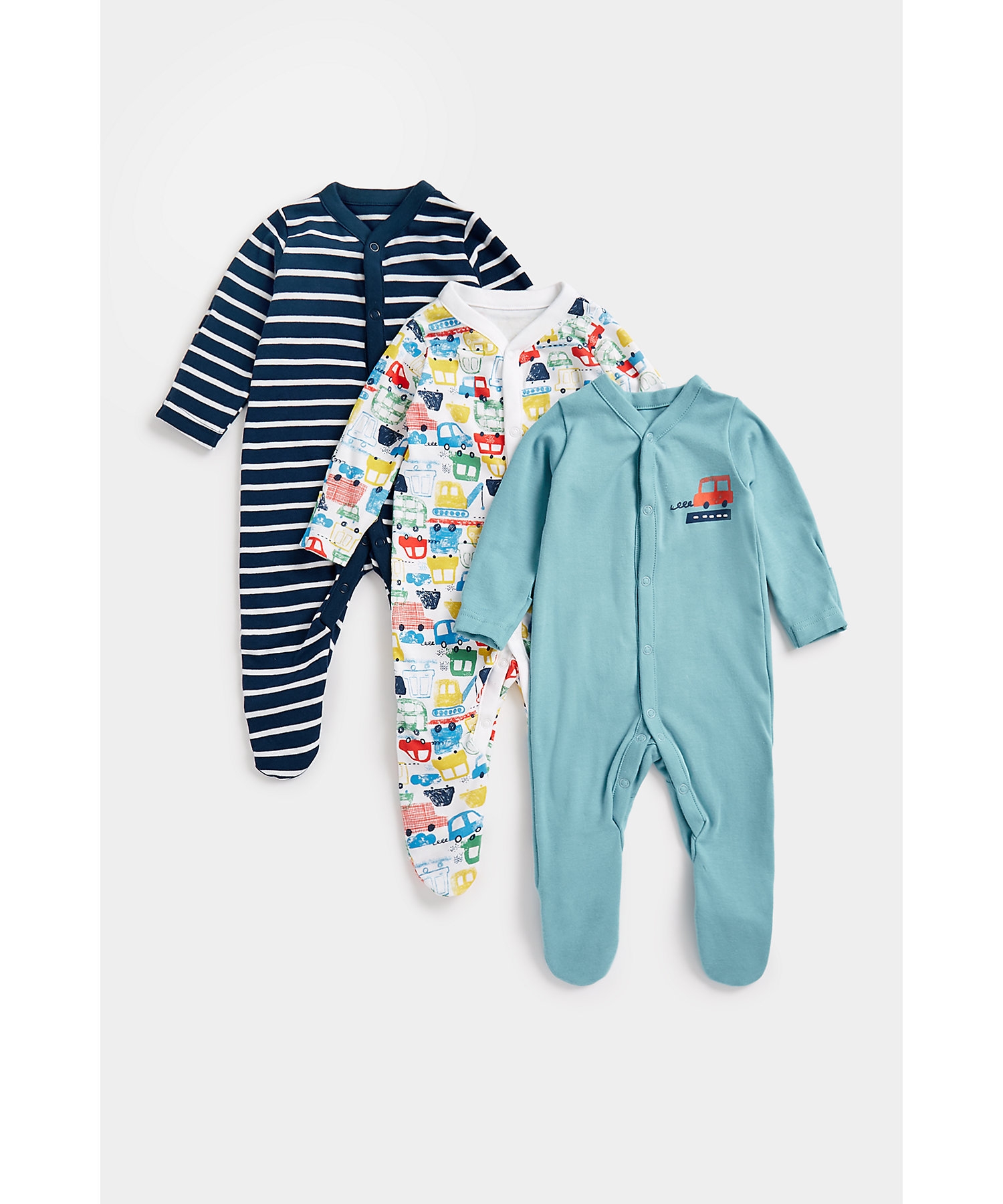 Mothercare | Boys Full Sleeves Sleepsuits Vehicle Print-Pack of 3-Multicolor 0