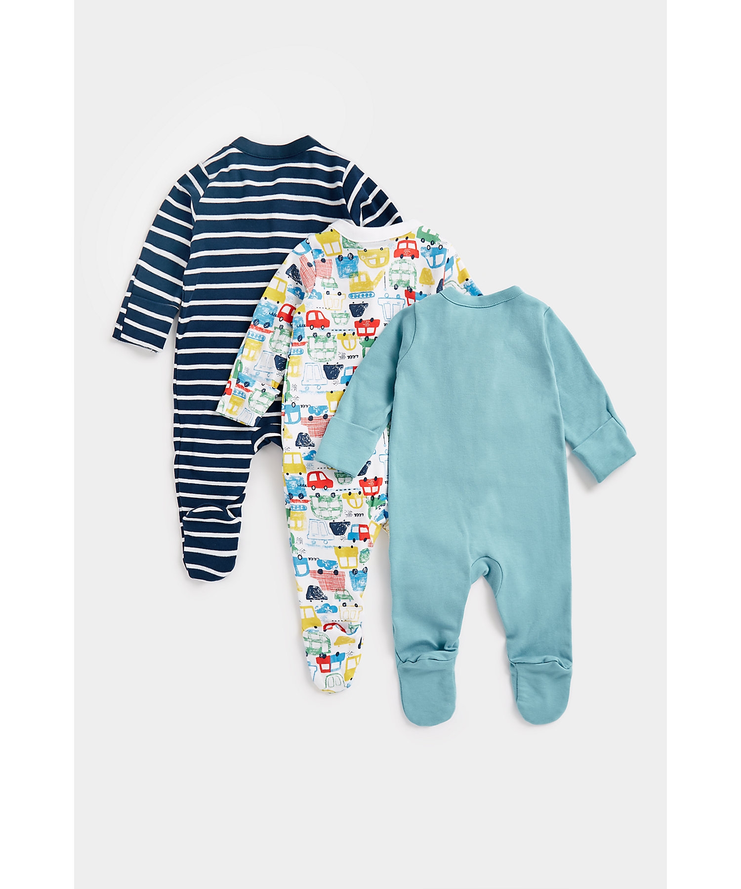 Mothercare | Boys Full Sleeves Sleepsuits Vehicle Print-Pack of 3-Multicolor 1