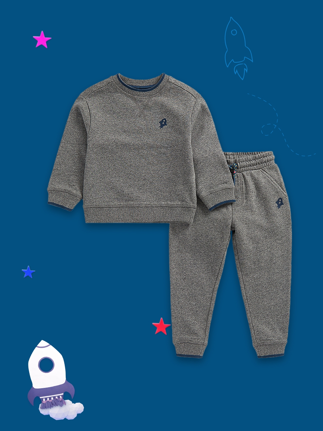 Mothercare | Boys Full Sleeves Jogger & T-Shirt Sets Rocket Embroidery -Black 0