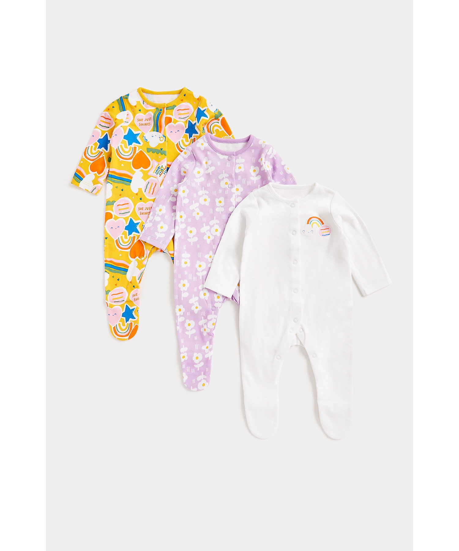 Mothercare | Girls Full Sleeves Sleepsuits Front Open -Multicolor 0