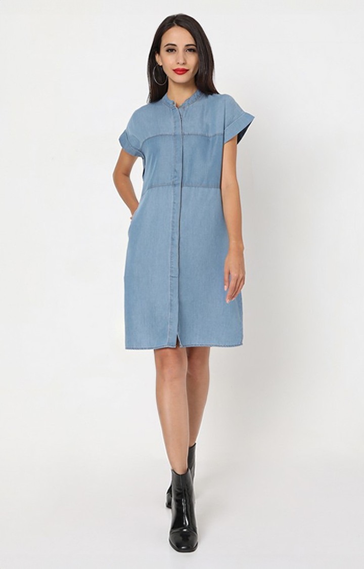 Panelled Shirt Dress with Band Collar