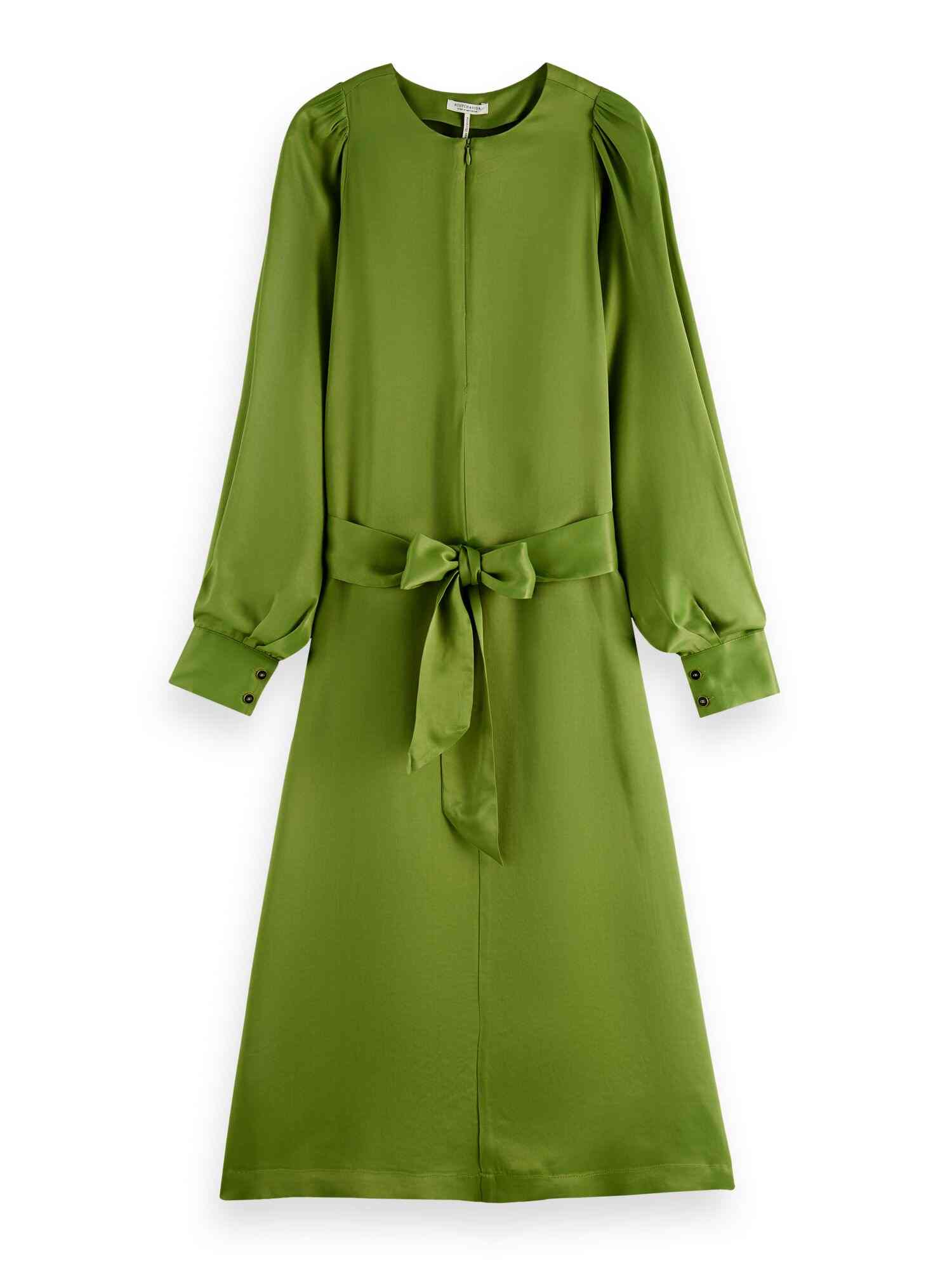 Voluminous-sleeved belted midi-length dress