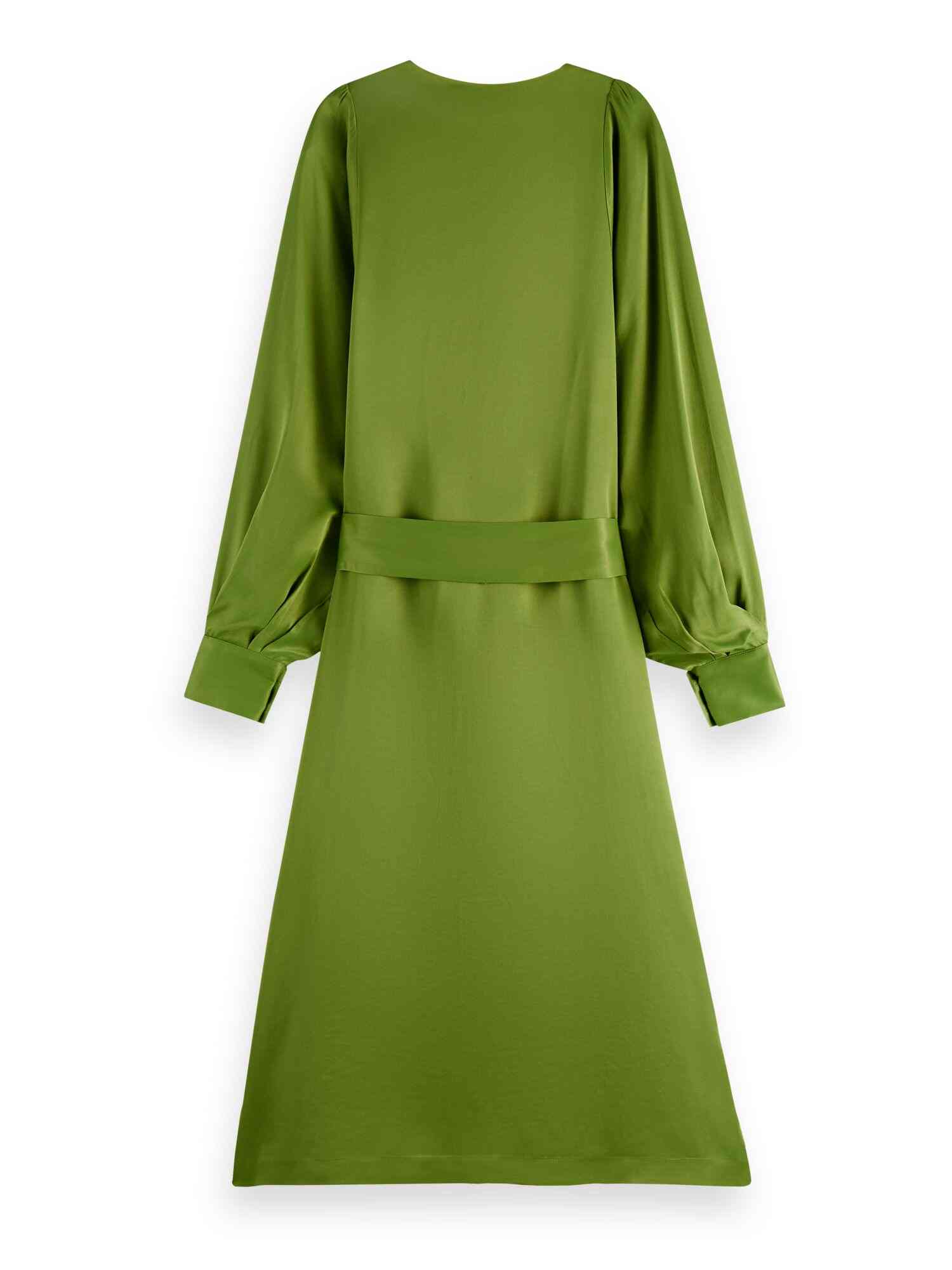 Voluminous-sleeved belted midi-length dress