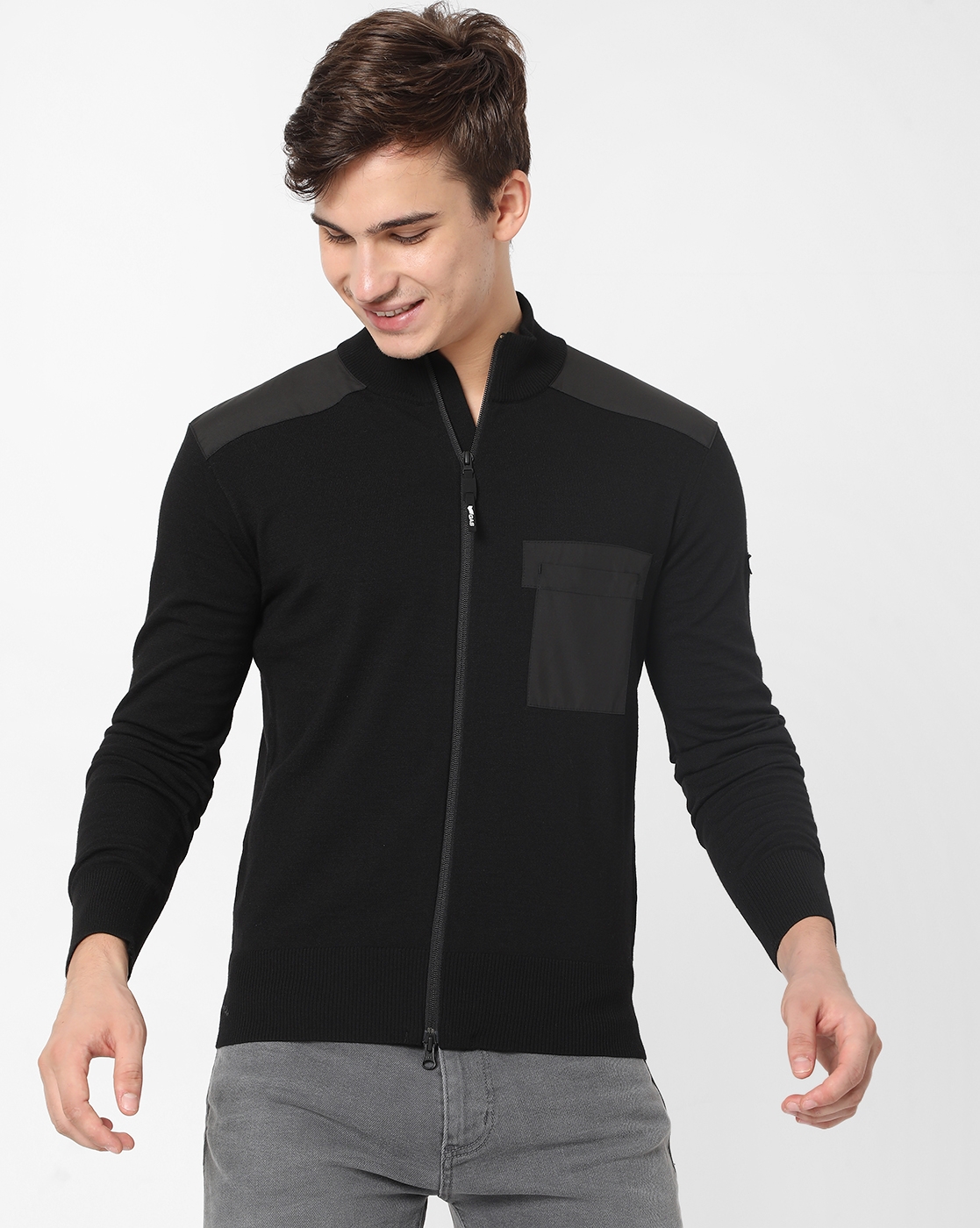 Bran Zip Slim Fit Sweatshirt with Patch Pocket