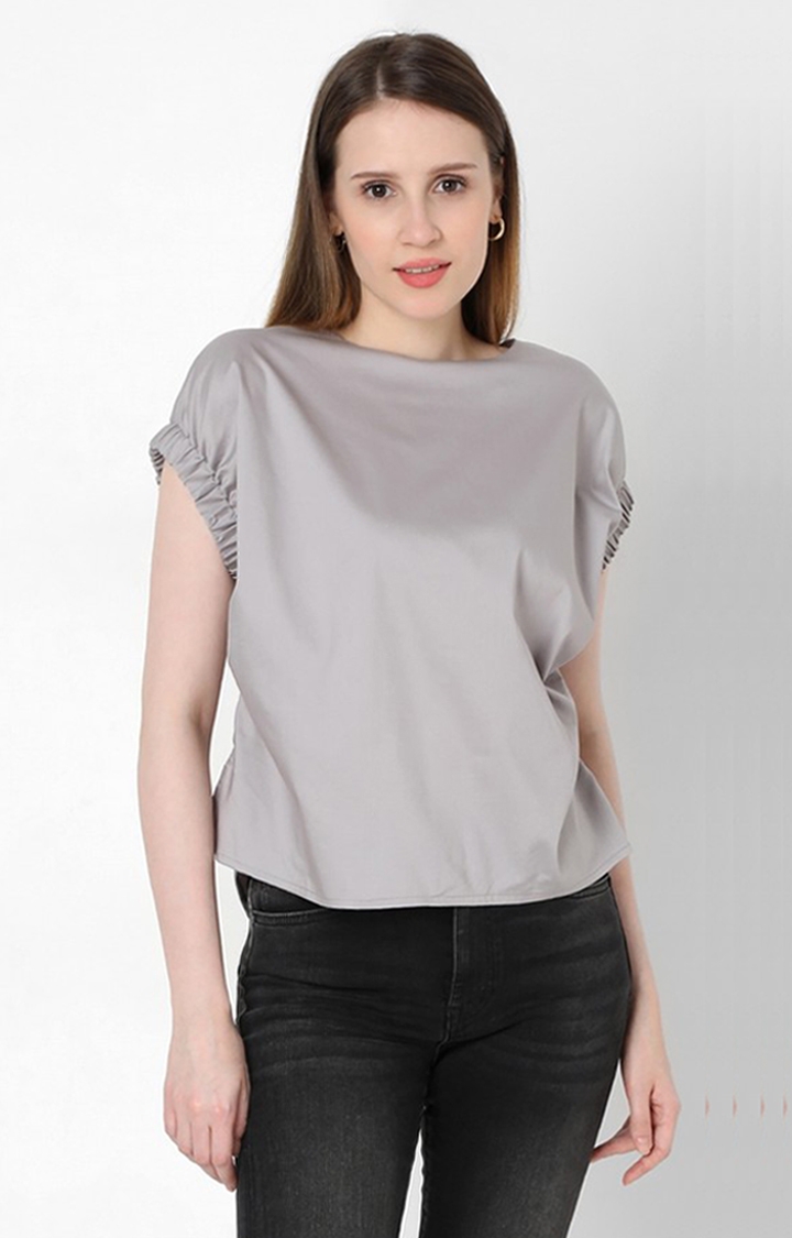 Crew-Neck Top with Elasticated Sleeves