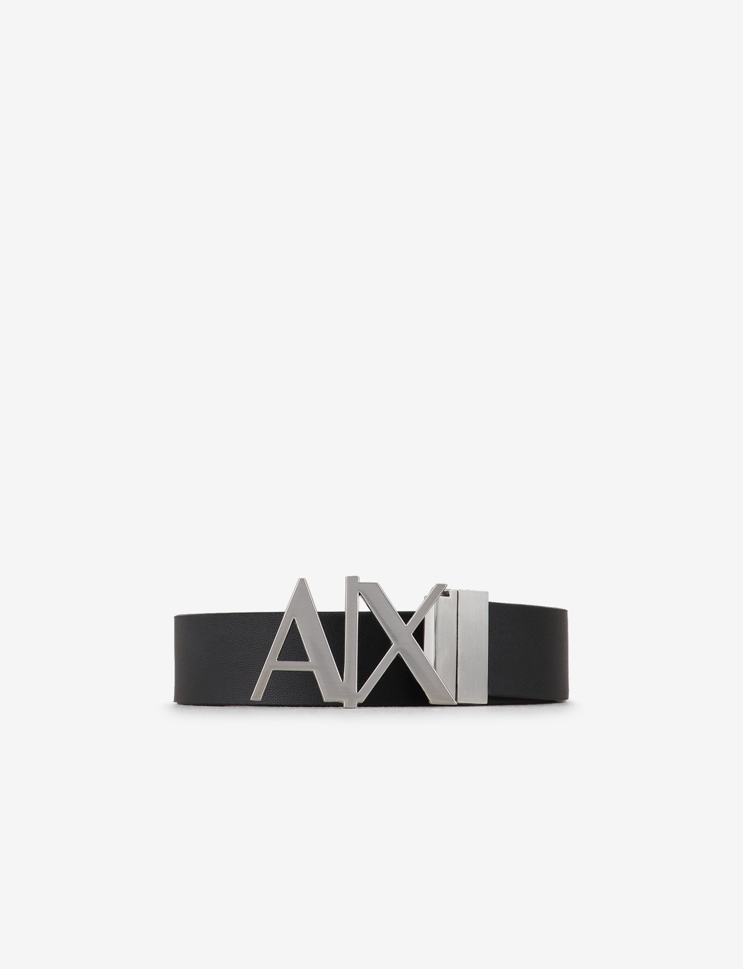 Black & White Reversible Leather Belt with Metal Logo Buckle Closure