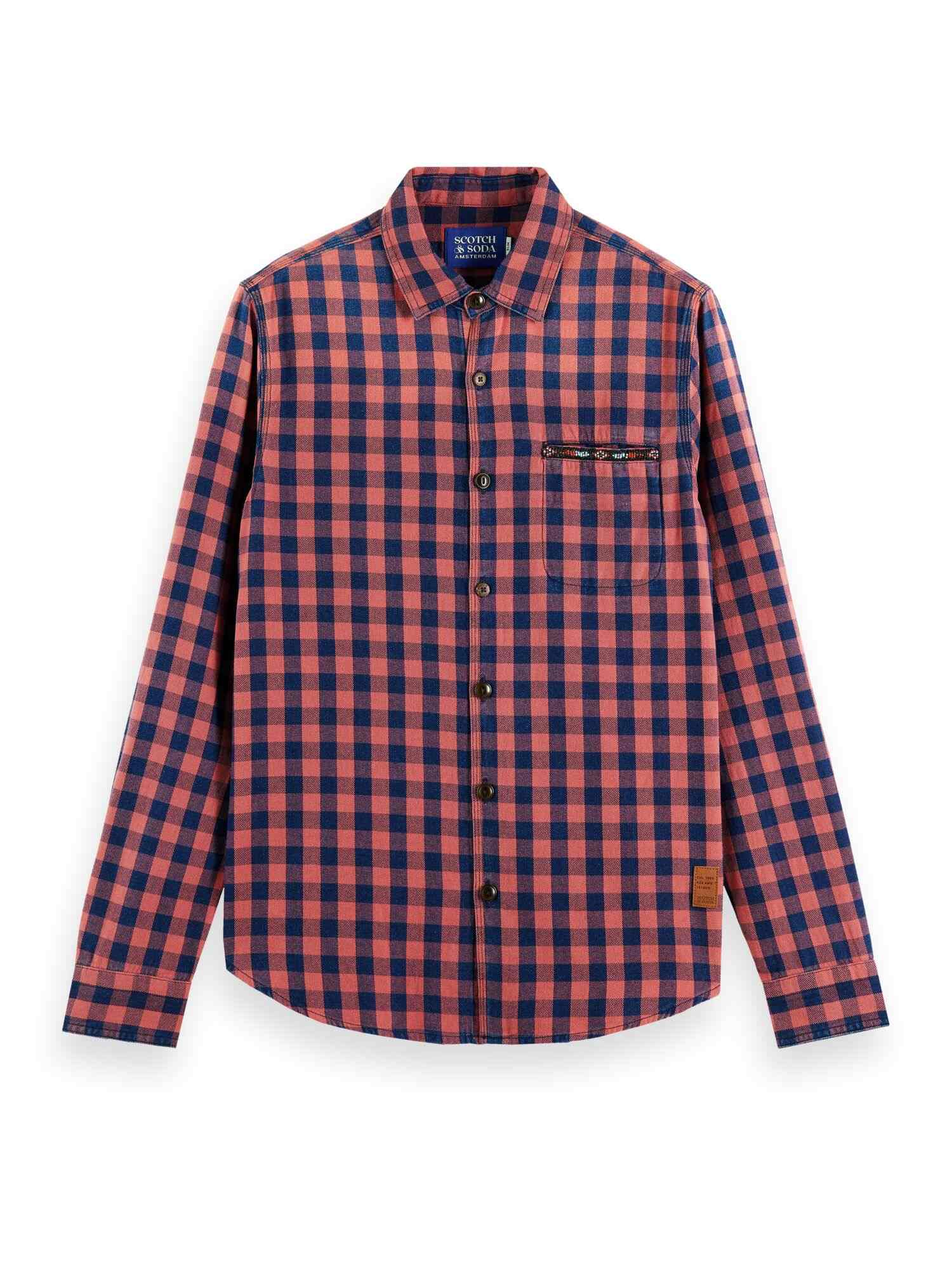 Scotch & Soda Washed indigo check shirt with beaded chest pocket