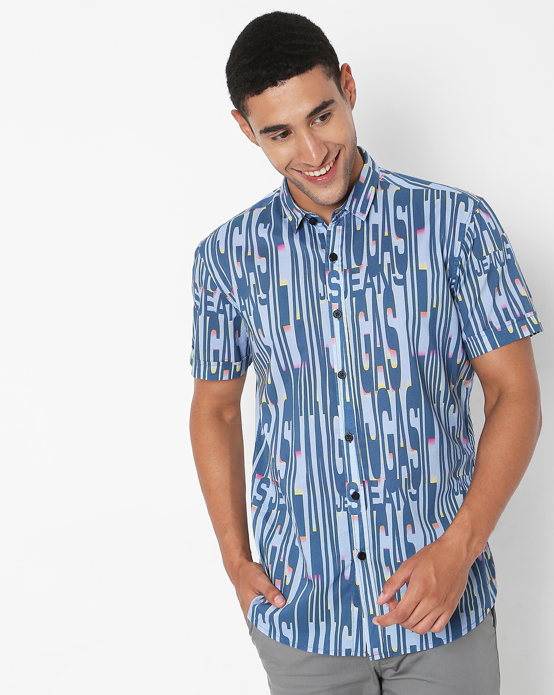 GAS | Brand Print Slim Fit Shirt with Spread Collar