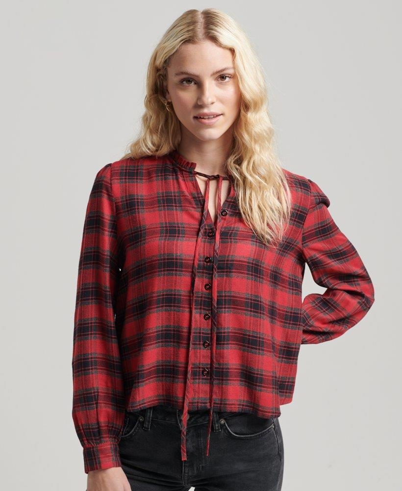 Superdry | VINTAGE RUFFLE TRIM LS CHECK WOMEN'S RED TOP 4