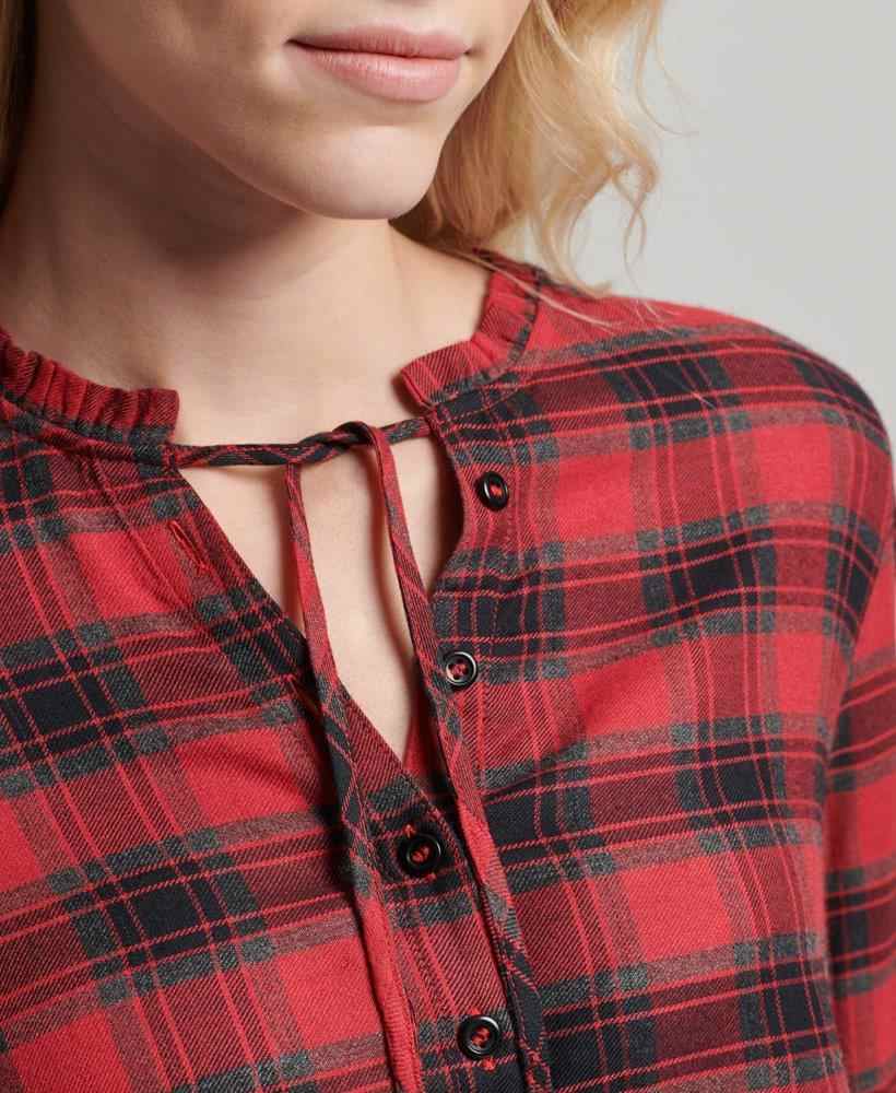 VINTAGE RUFFLE TRIM LS CHECK WOMEN'S RED TOP