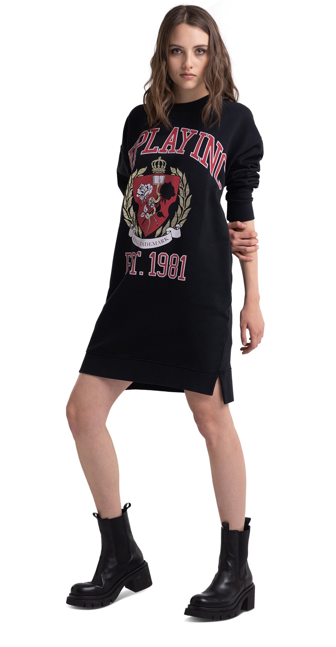Black Cotton Printed Sweater Dress For Women