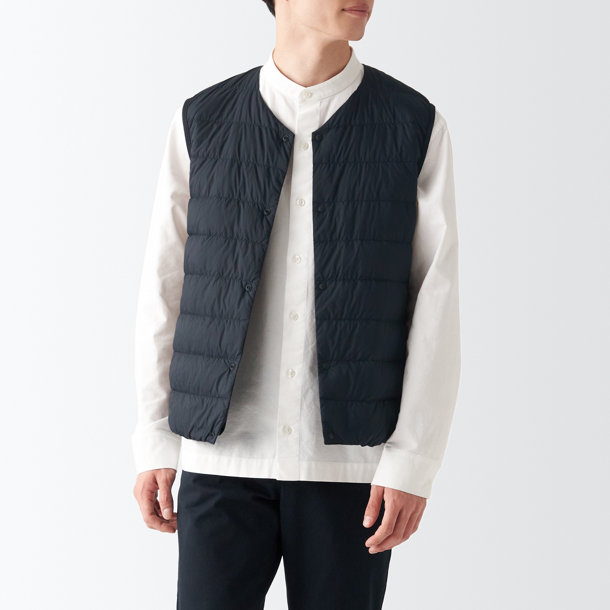 Nylon Light weight pocketable Collarless down vest