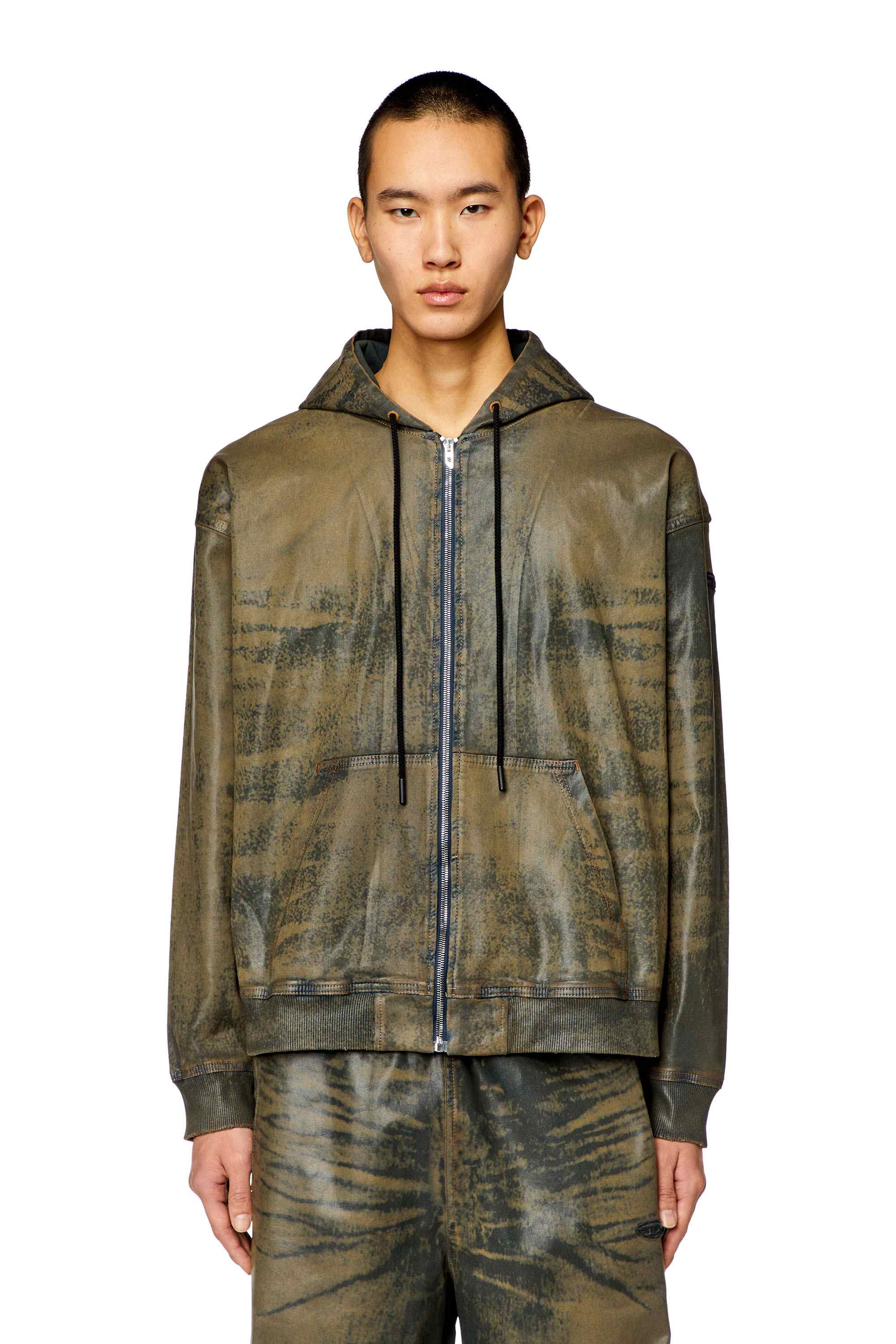 Brown Zip hoodie in laser-print Track Denim