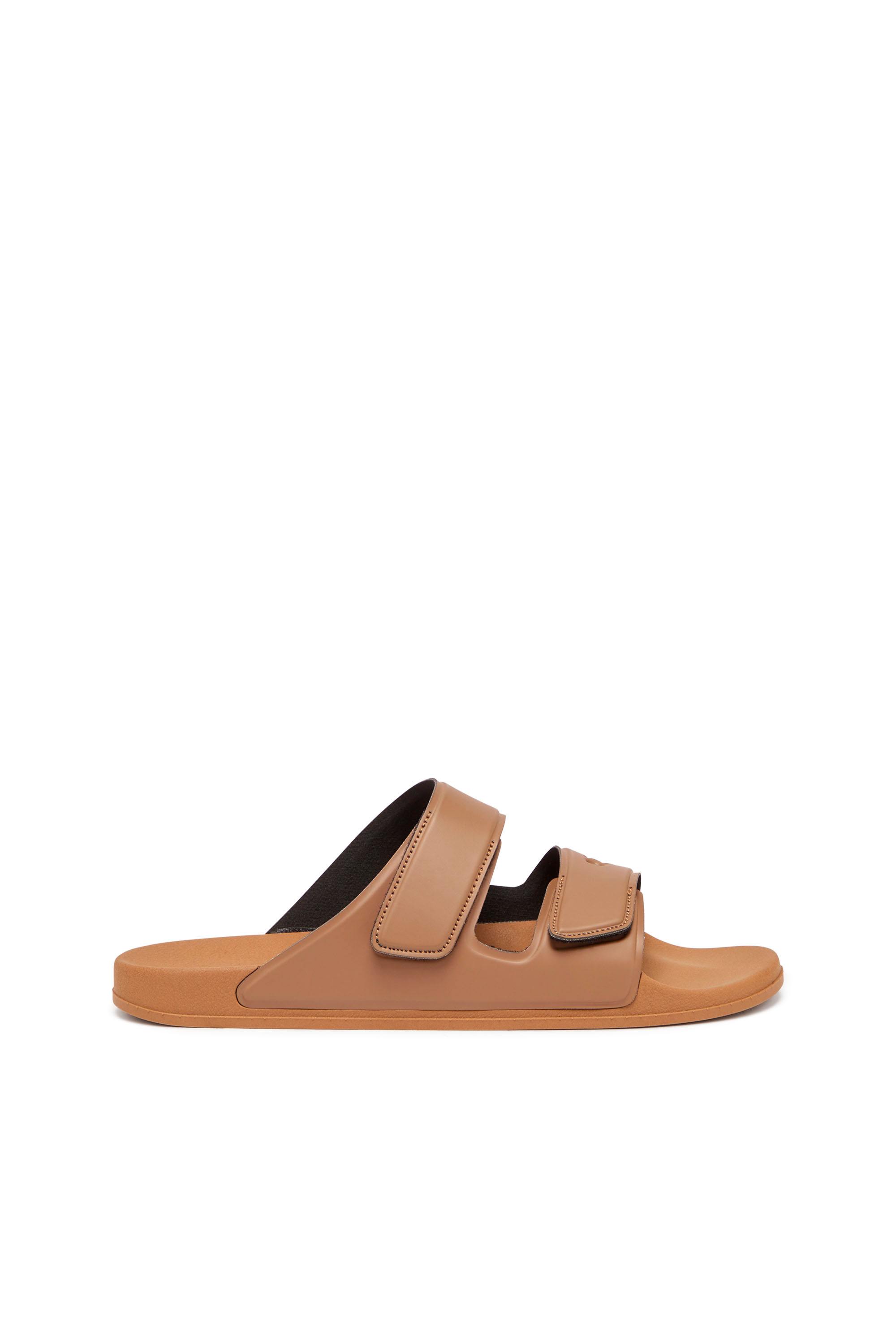Brown Sa-Lax X-Rubber slides with embossed logo