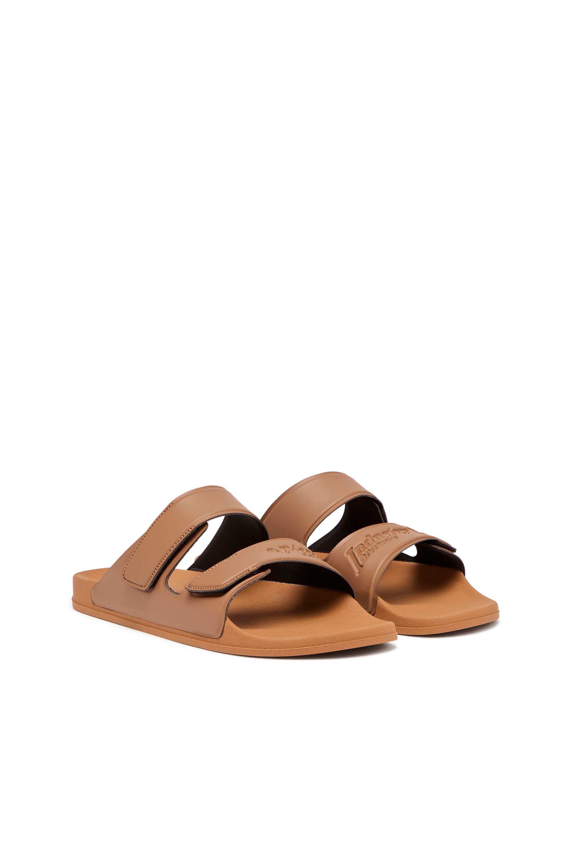 Brown Sa-Lax X-Rubber slides with embossed logo