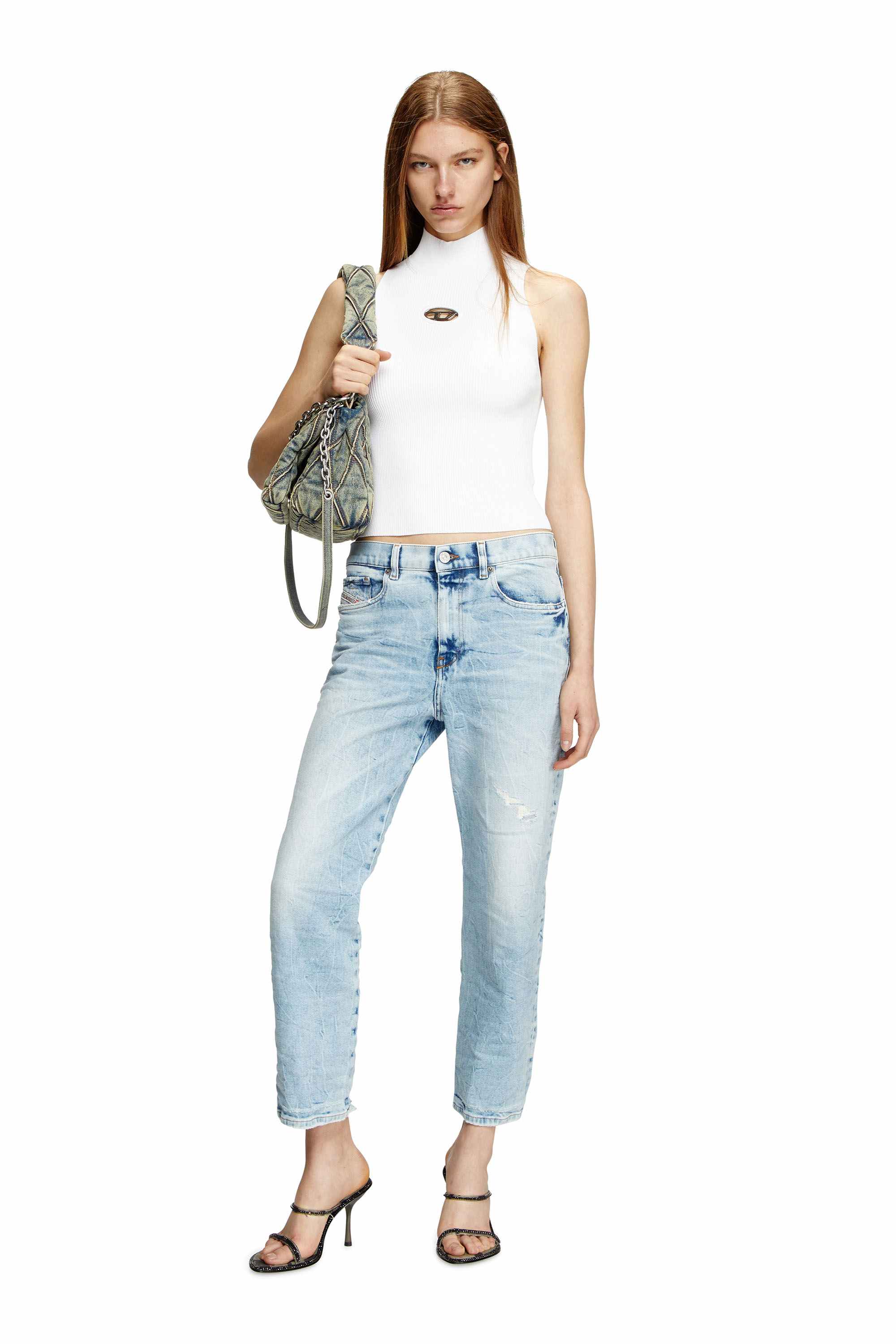 White Ribbed-knit turtleneck top
