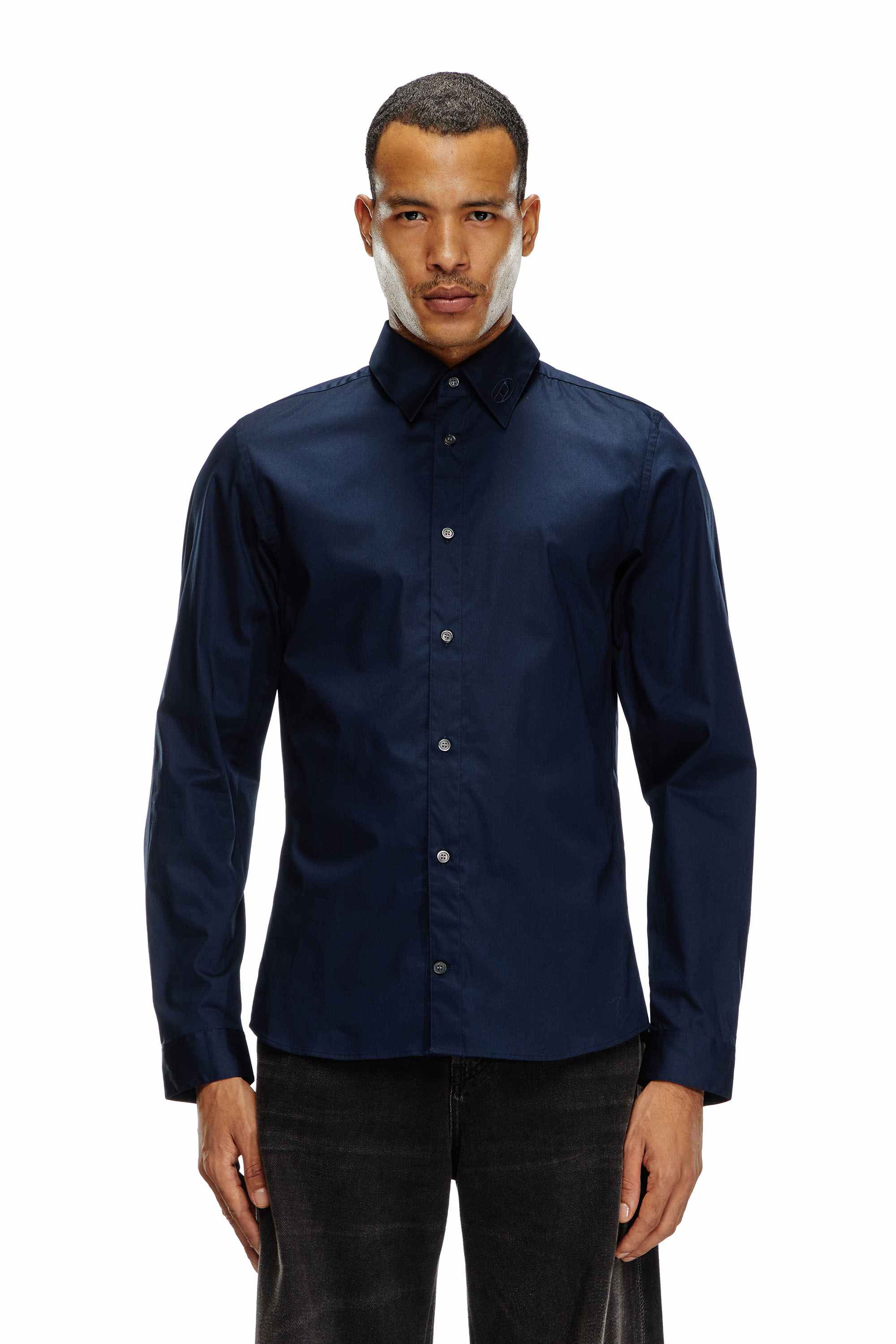 Blue Formal shirt with logo-embroidered collar